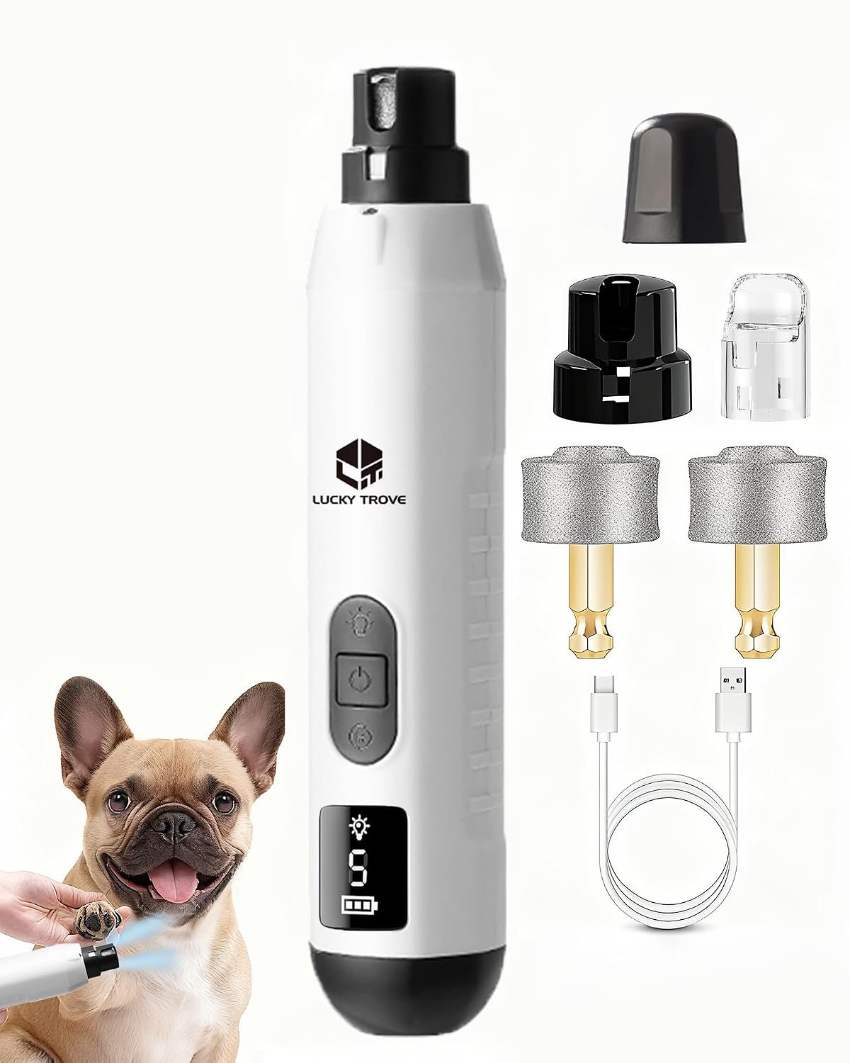 2026 Upgraded Silent Dog Nail Grinder 5 Speeds with dual LED Lights（WHITE）