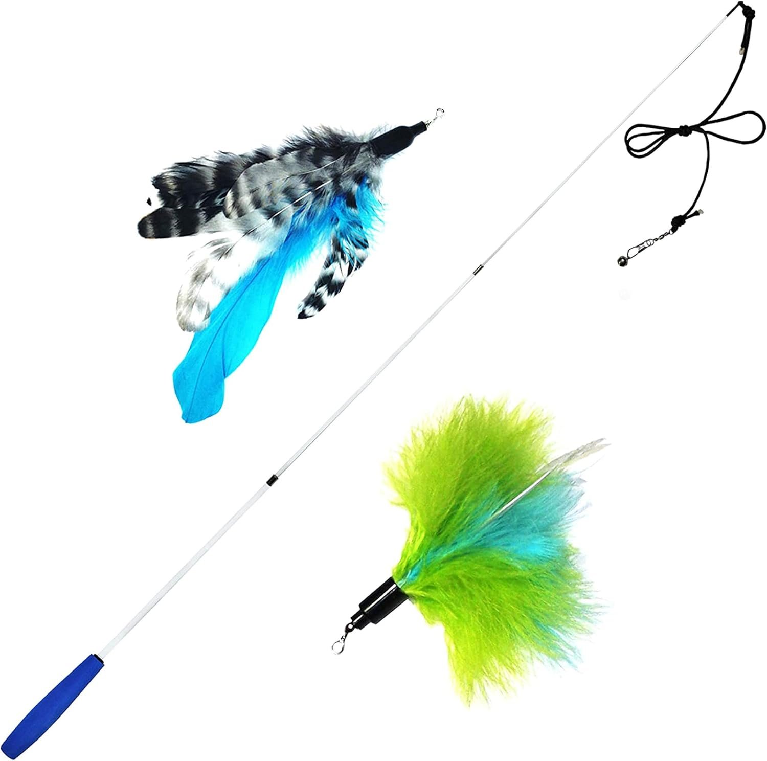 Pet Fit For Life – Retractable Feather Wand for Cats – Durable Interactive Cat Toy, Teaser Fishing Pole with Feather Lures – Fun Kitten Play Wand, 2 Feathers with String Attachment