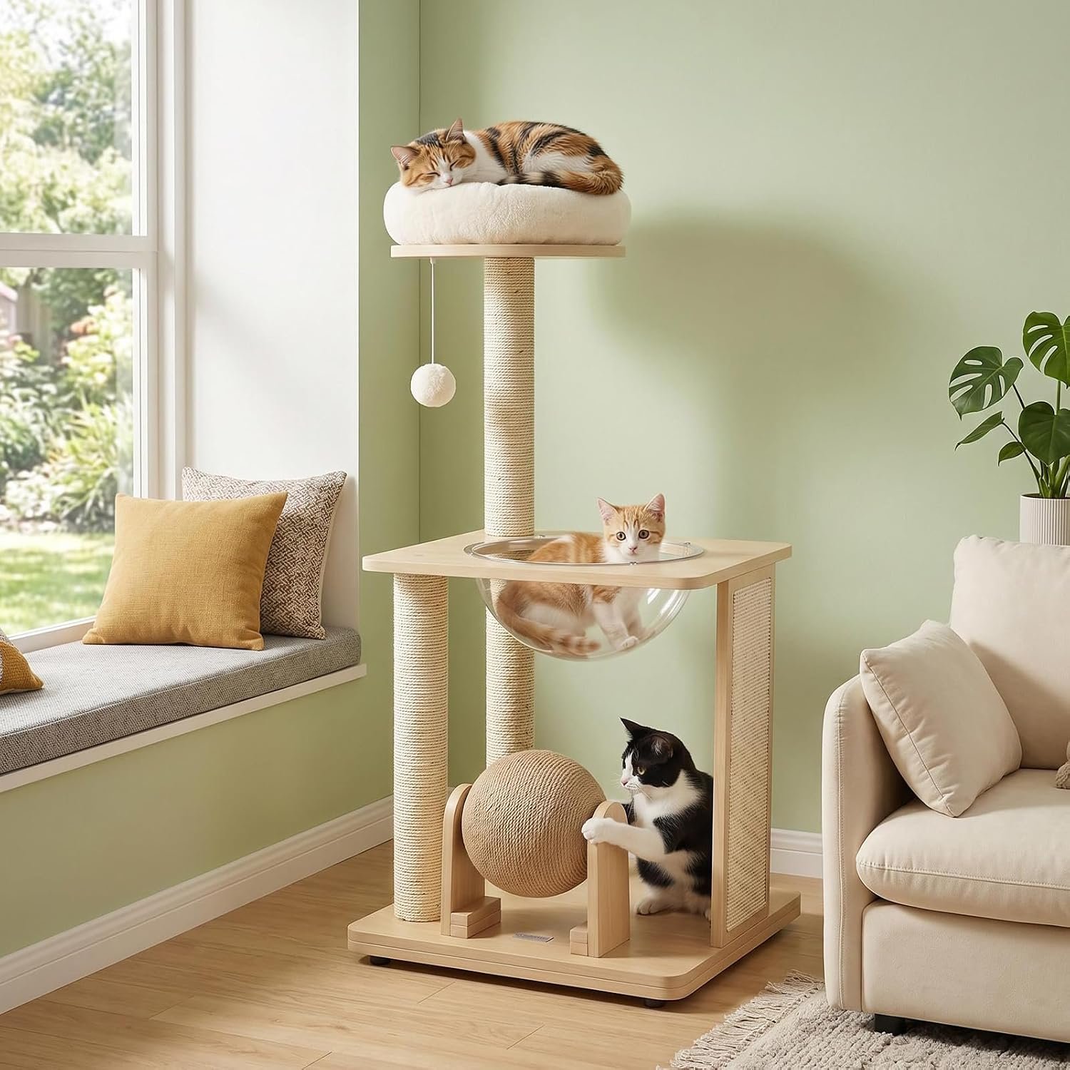 PETSITE 40-inch Wooden Cat Tree, Multi-Level Modern Wood Cat Tower, Beige