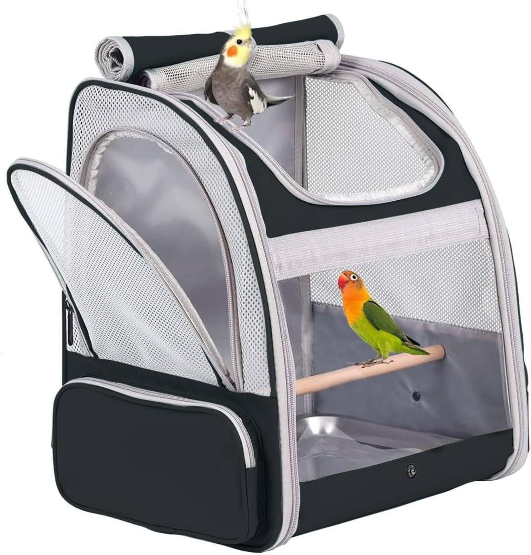 Bird Backpack Carrier with Stand Perch, Bird Travel Backpack for Hiking, Airline Approved Black Bird Backpack