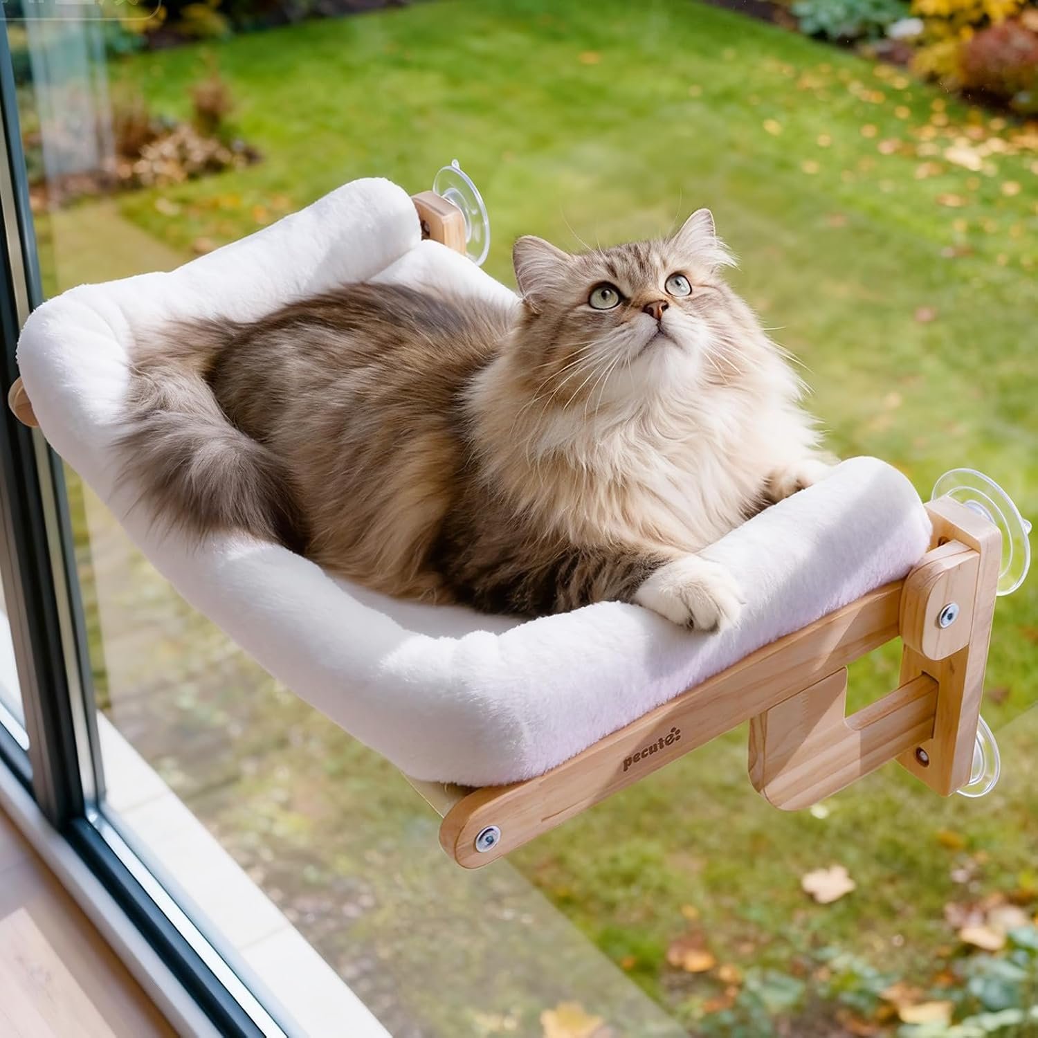Pecute Foldable Cat Window Perch, Cloud-Soft Cat Bed with Wood Frame, 26″ L