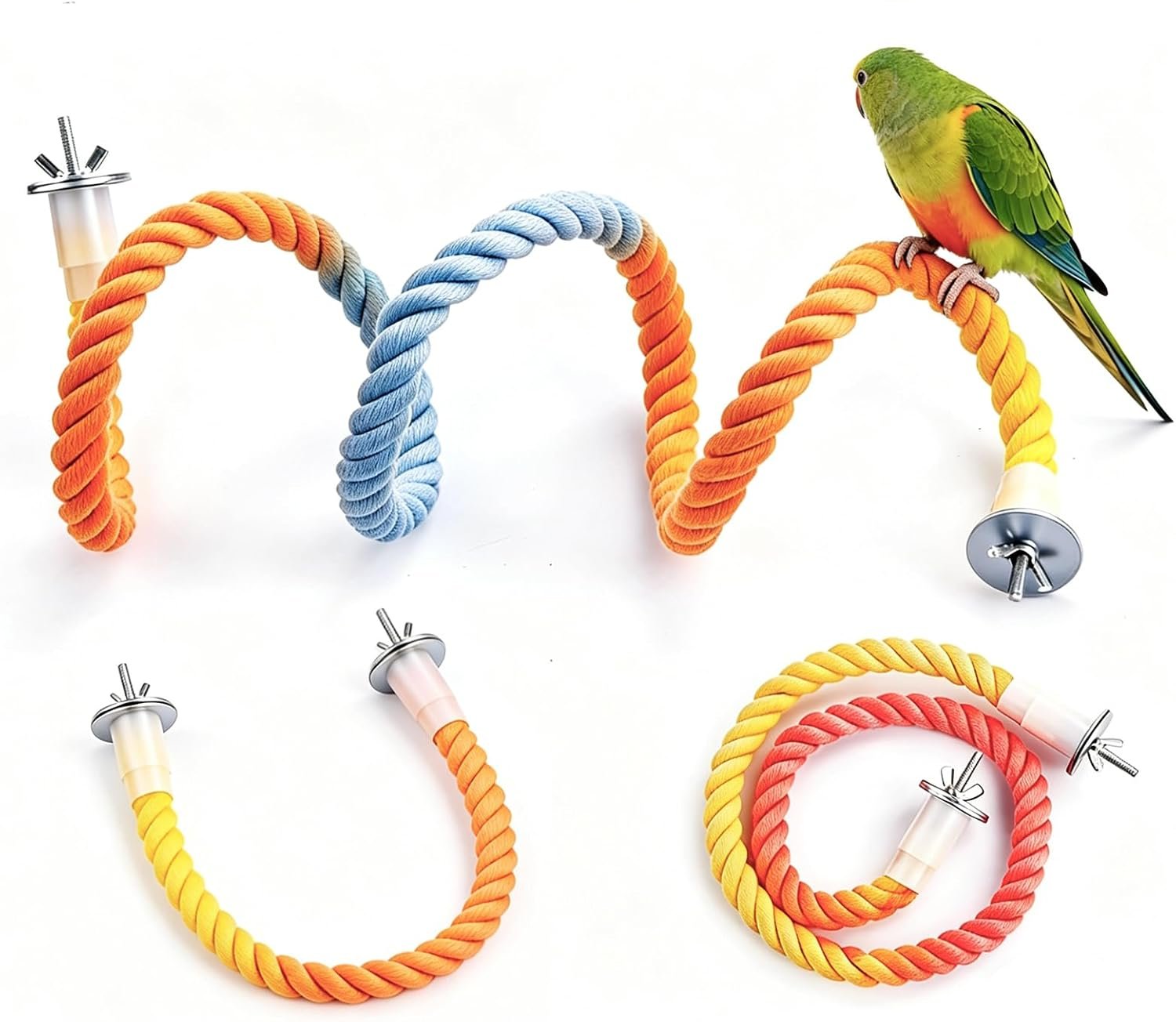 Colorful Cotton Rope Parrot Perch Set, Bendable 3-Size Cage Accessory