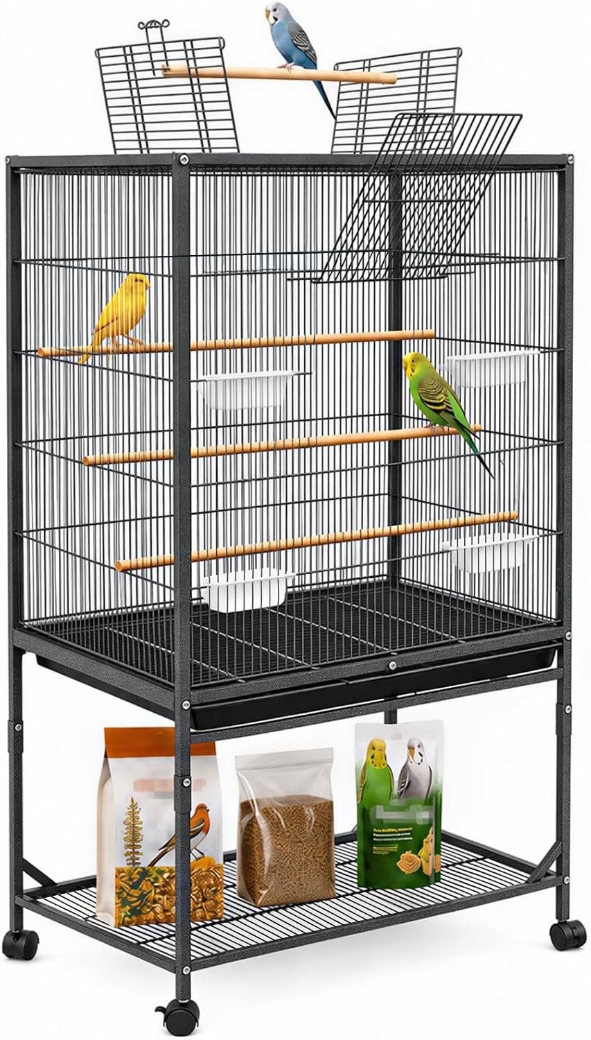 59-inch Open Top Bird Cage, Wrought Iron Bird Flight Cage with Rolling Stand, Slide-Out Tray for Parrot, Parakeets, Lovebird, Finch, Pigeon (Black)