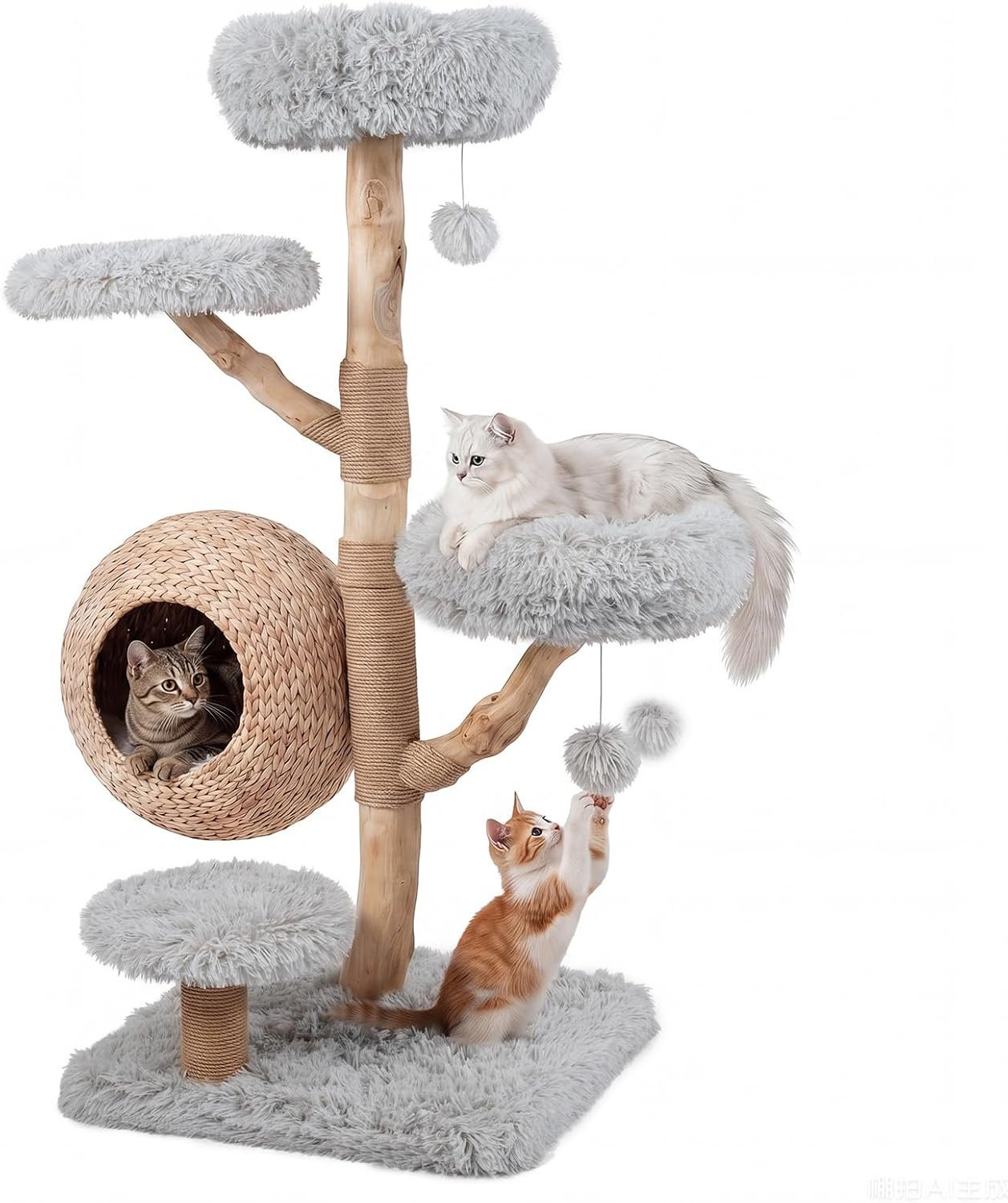 PETSITE 53-inch Wood Cat Tree, Multi-Level Modern Wooden Cat Tower, Grey
