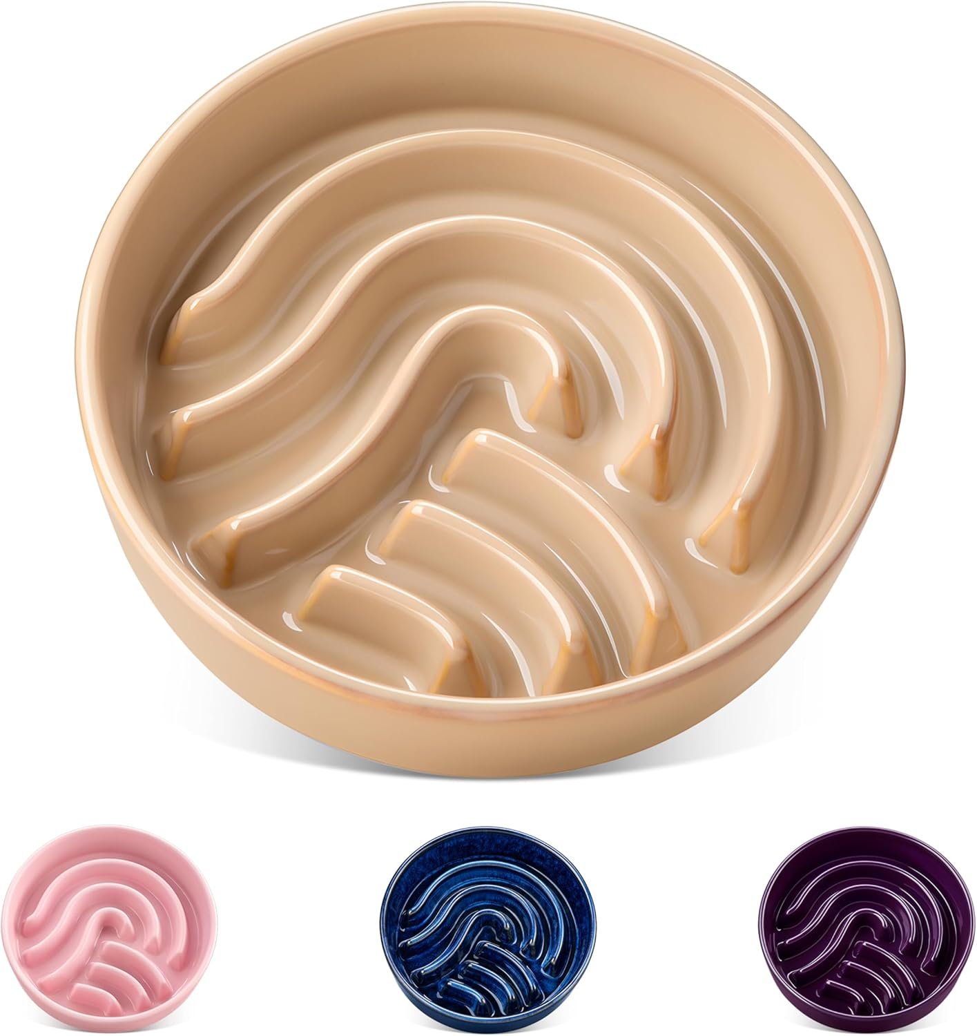 vancasso Slow Feeder Dog Bowl, 0.6 Cup Ceramic Slow Feeding Food Dish for Small Breed, Puzzle Dog Food Bowl for Fast Eater, Brown