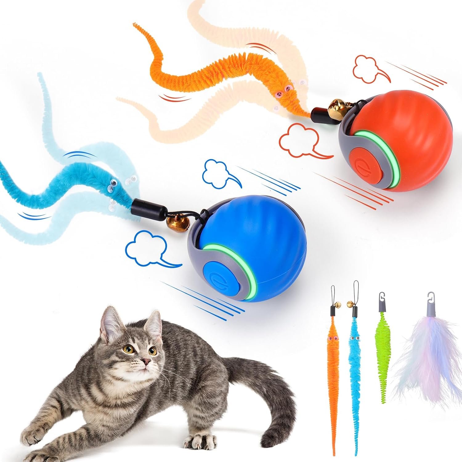 BABORUI 2Pack Interactive Cat Toy Ball – Automatic Interactive Cat Toys for Indoor Cats with 3 Tails, 2 Speeds Rechargeable Enrichment for Small/Medium/Large to Keep Them Busy