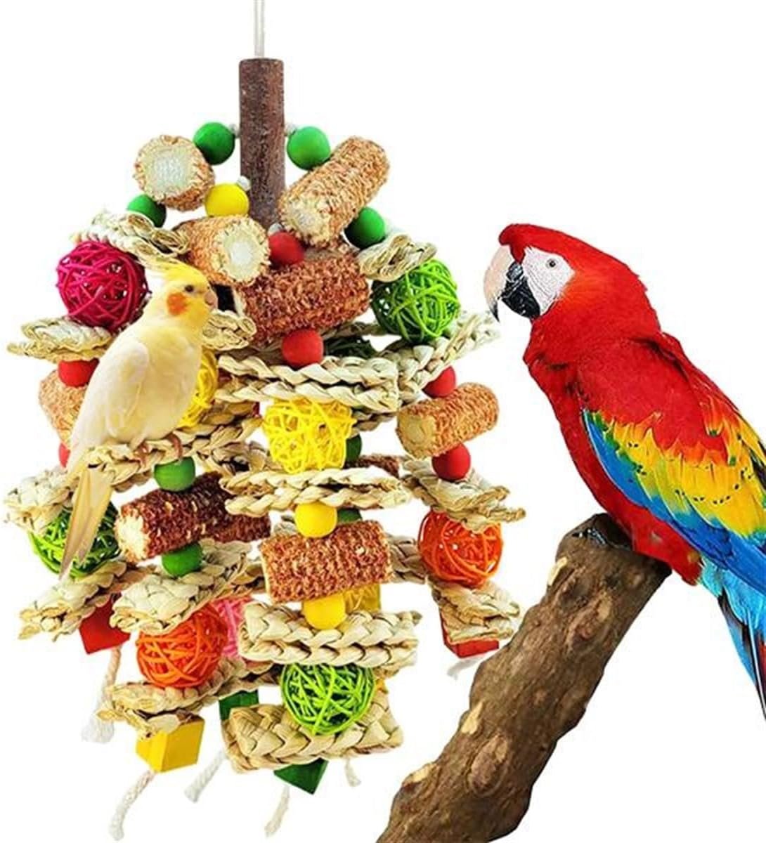 Parrot Chew Toy, Natural Material Bird Foraging Toy for Conures, Quaker Parrots, Medium-Sized Birds – Colorful Hanging Shredding Toy with Woven Ball, Corn Cob and Wooden Beads