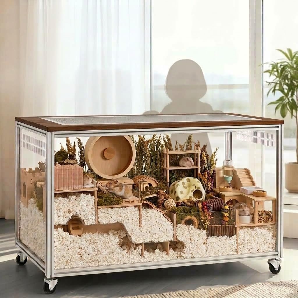 Large Acrylic Hamster Cage, 40 x 20 x 24 in, 775 Sq in, 12 in Deep Bedding, 5-Minute Setup, Furniture-Style Habitat with Wheels