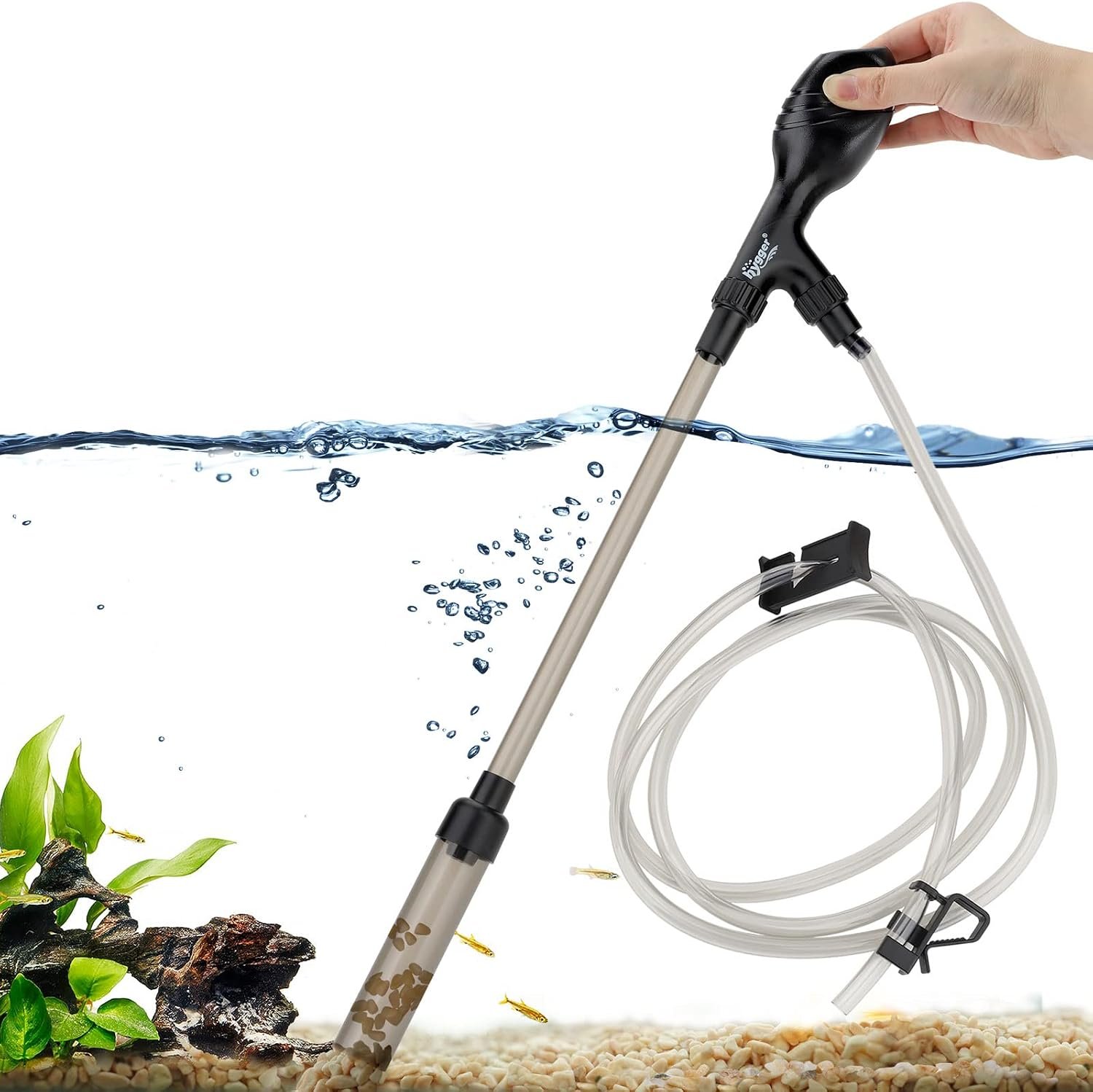 hygger Small Gravel Vacuum for Aquarium, Manual 80GPH Aquarium Gravel Cleaner Low Water Level Water Changer Fish Tank Cleaner with Pinch or Grip Run in Seconds Suction Ball Adjustable Length