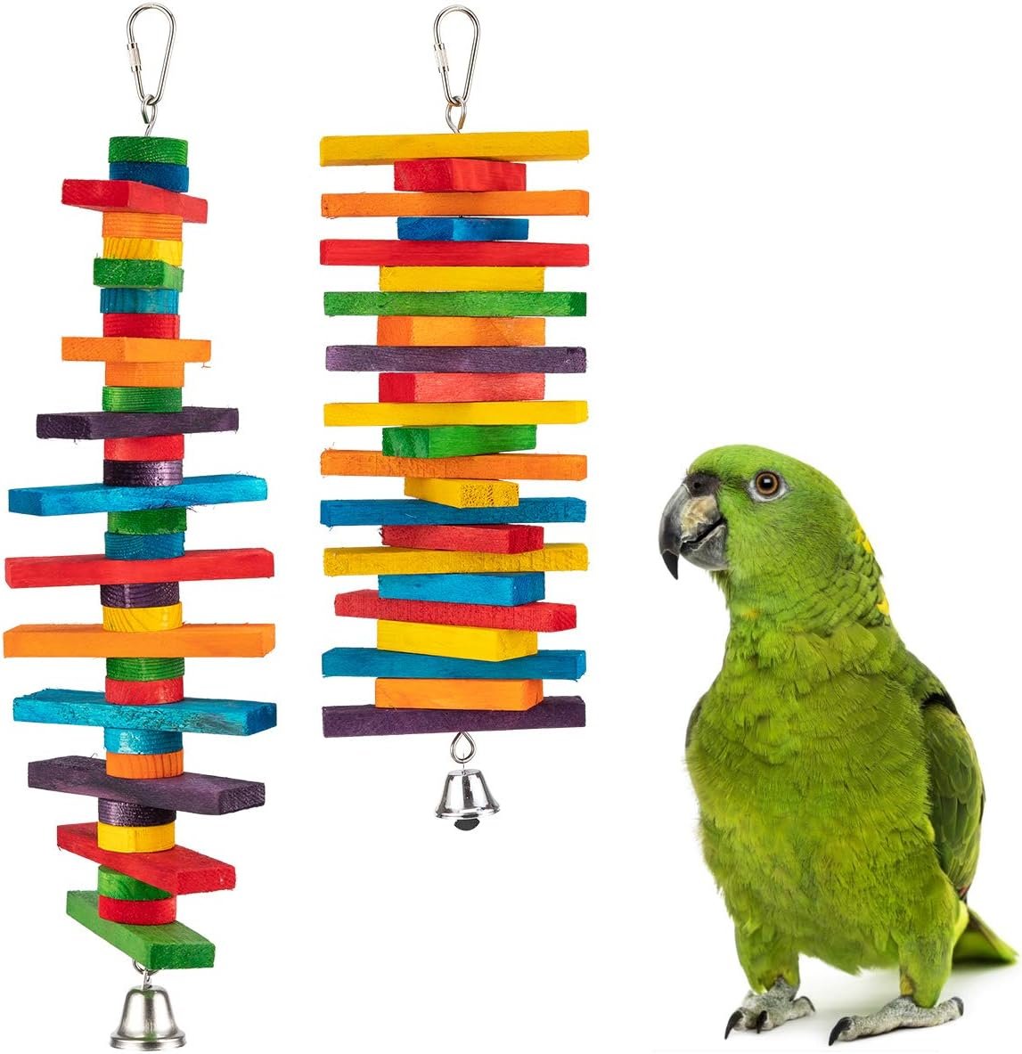 MEWTOGO 2Pcs Bird Toys, Parrot Toys with Multicolored Natural Wooden Blocks