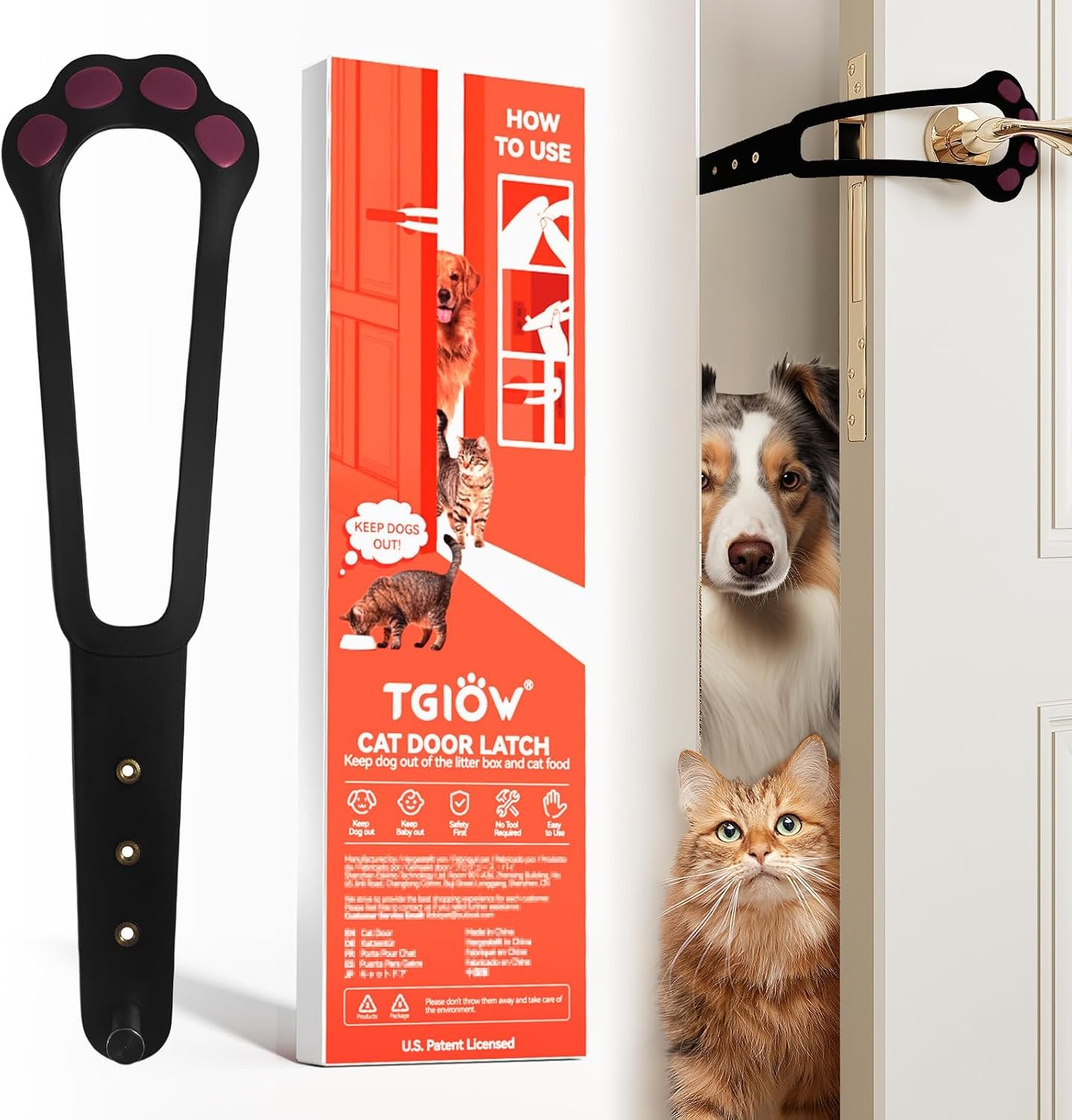 TGIOW Cat Door Latch, 1 Pcs Cat Door Stopper Pet Door Latch to Keep Dog Out of Litter Box and Food, Door Prop for Cat with 4 Adjustable Size Strap 2.2-5″ Wide, No Measuring, Easy to Install, Black