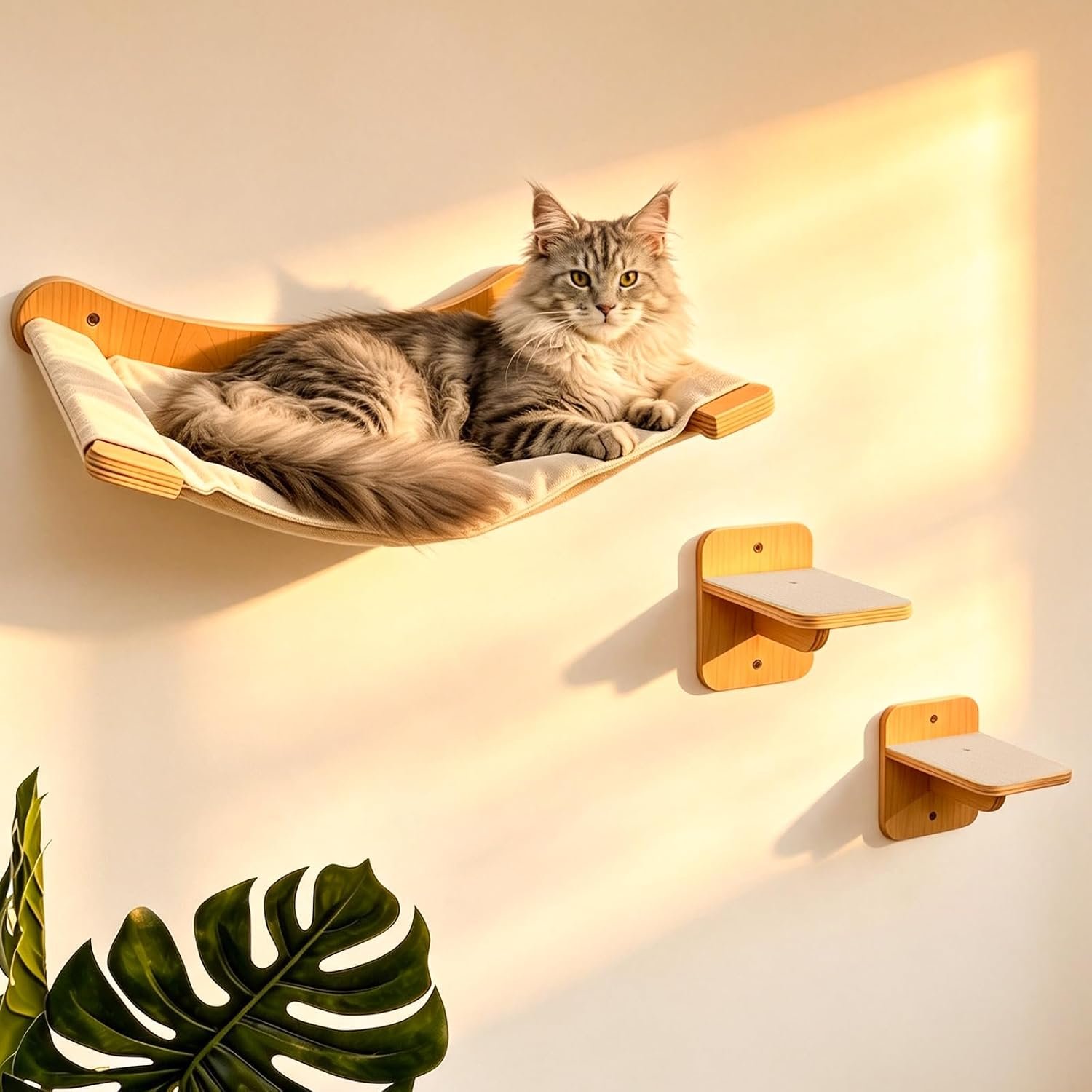 Wall-Mounted Cat Hammock with 2 Wooden Perching Steps—a Suspended Solid Wood wall-Mounted cat Shelf Set Suitable for Indoor Climbing beds for Kittens, Small, Medium, and Large Cats