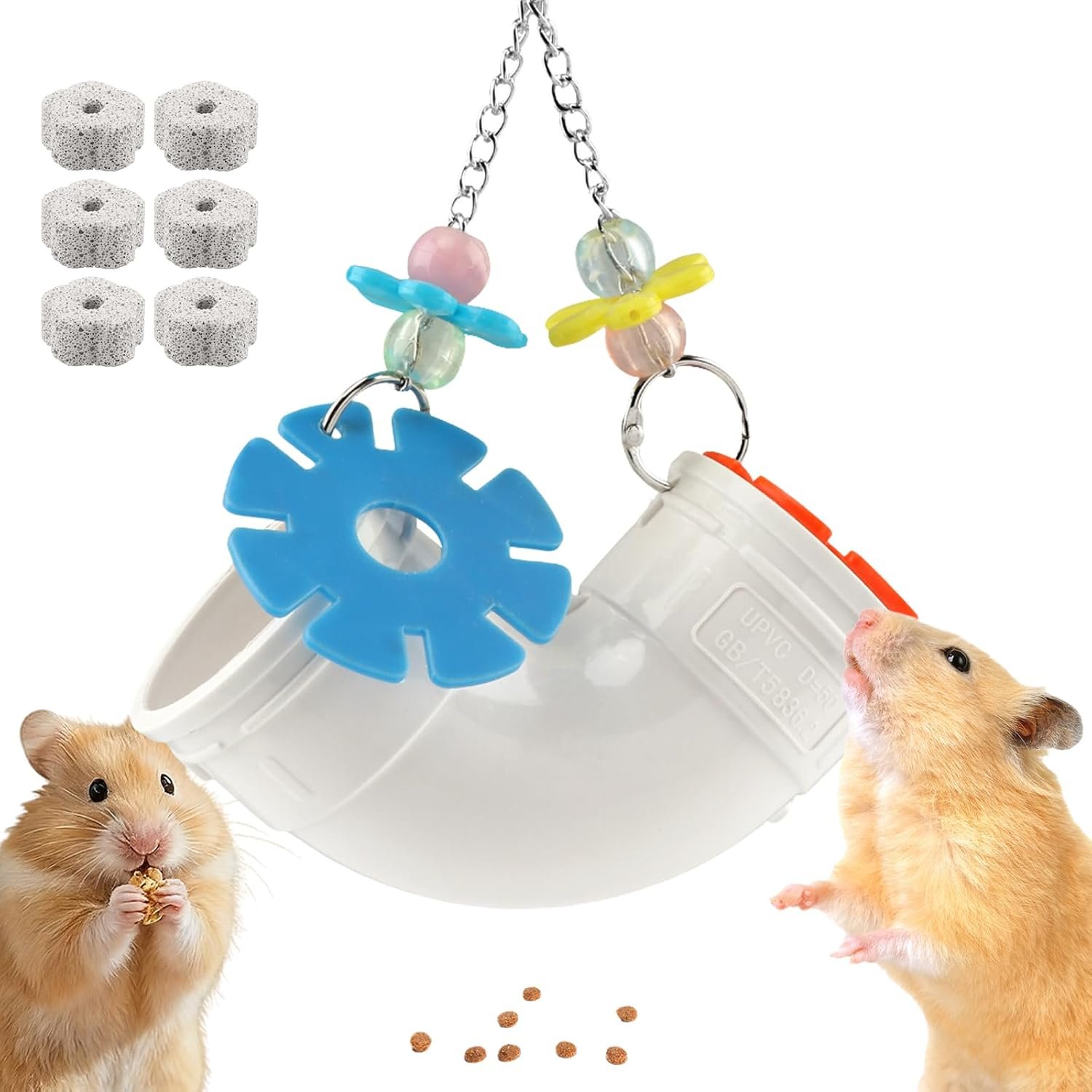 Rat Foraging Toy for Various Treats, Hanging Puzzle Slow Feeder with Beads, Flowers and 6 Plum Blossom Teeth Grinding Stones, for Rat, Mice & Parakeets