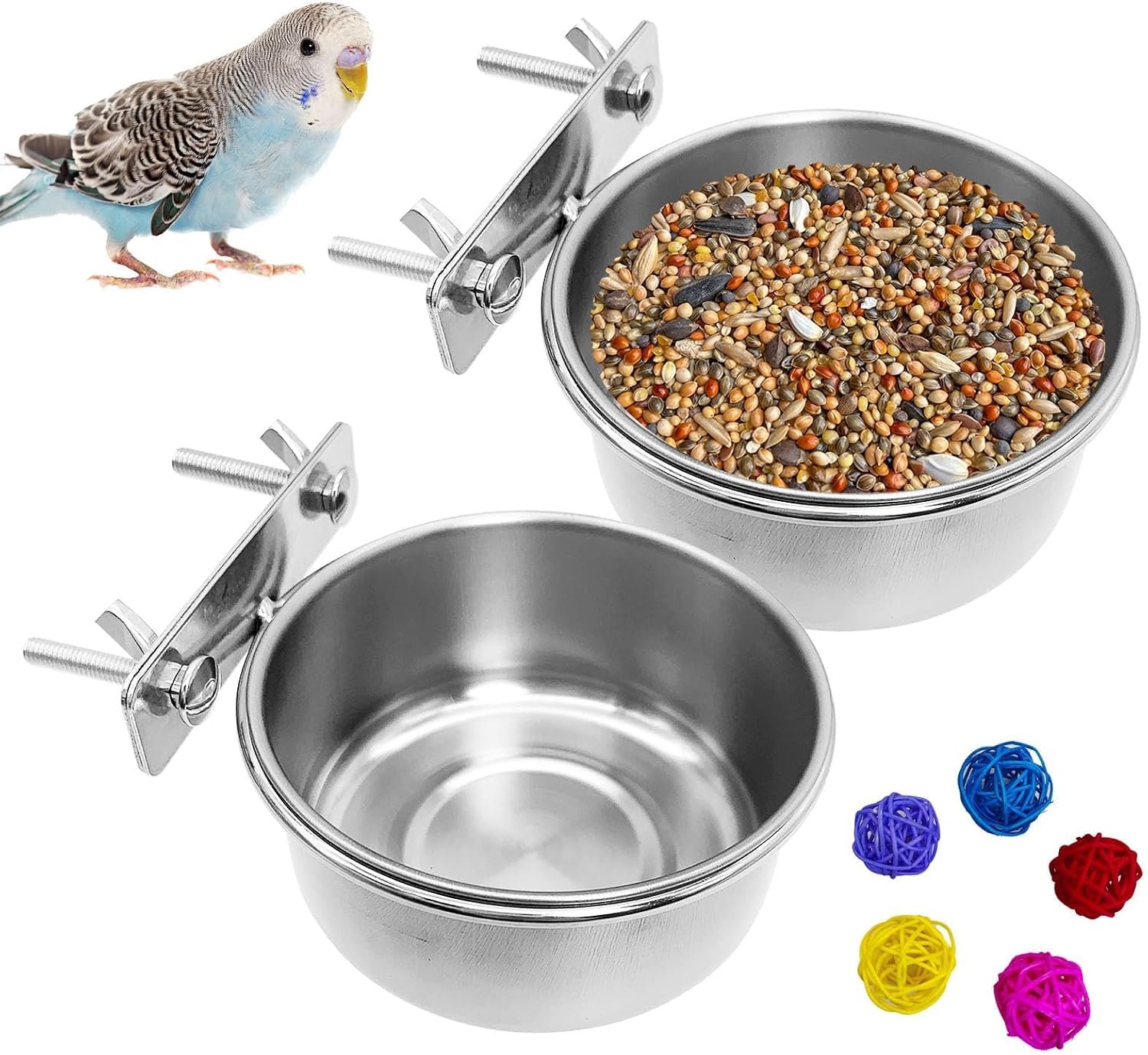Hamiledyi Bird Feeding Bowl Stainless Steel Birds Cage Bowl Parrot Bowls, Bird Feeding Dish Cups Birdcage Coop Water Feeder for Parakeet Finches Conure Budgie Lovebirds (2 Pack, Small Double Screw)