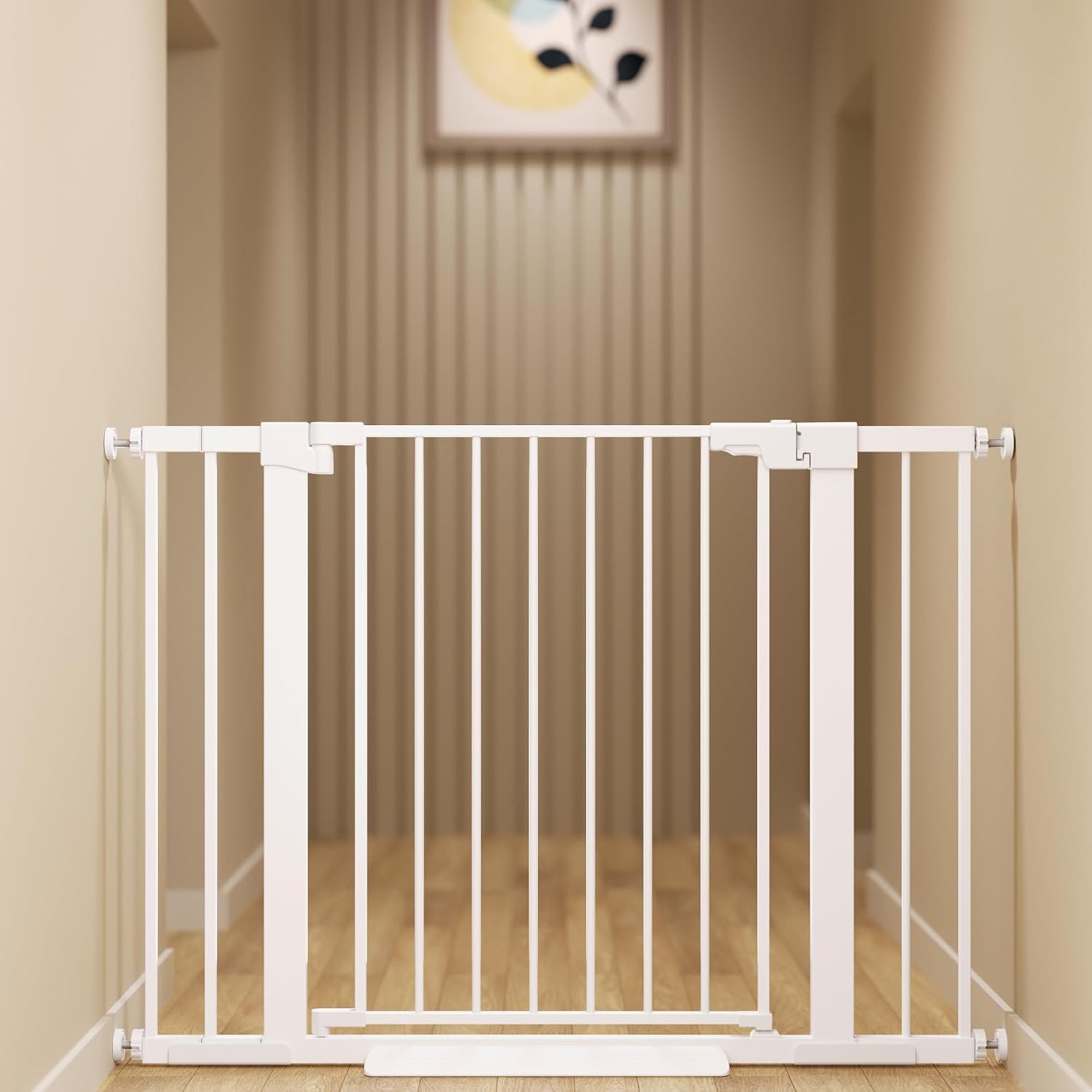 29-42 inches Metal Baby Gate for Stairs/Doorways, 30 inches Tall Pressure Mounted Pet Gates, Auto-Close Child Safety Gate, No Drilling Easy Walk-Through Dog Gate Indoor, White