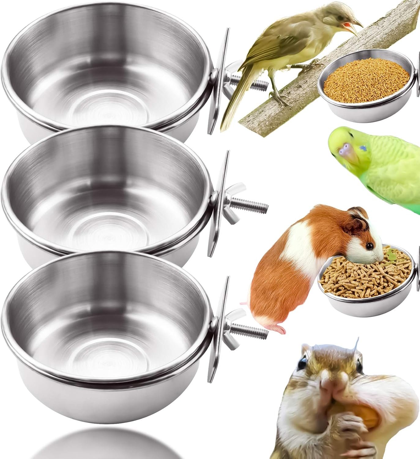 3 Pack Bird Feeding Bowls Cups Parrot Food Water Dishes, Stainless Steel Bird Bowl Cup Dish with Clamp, Birdcage Feeder Pet Cage Bowls for Cockatiel Budgie Conure Macaw Parakeet Small Animal