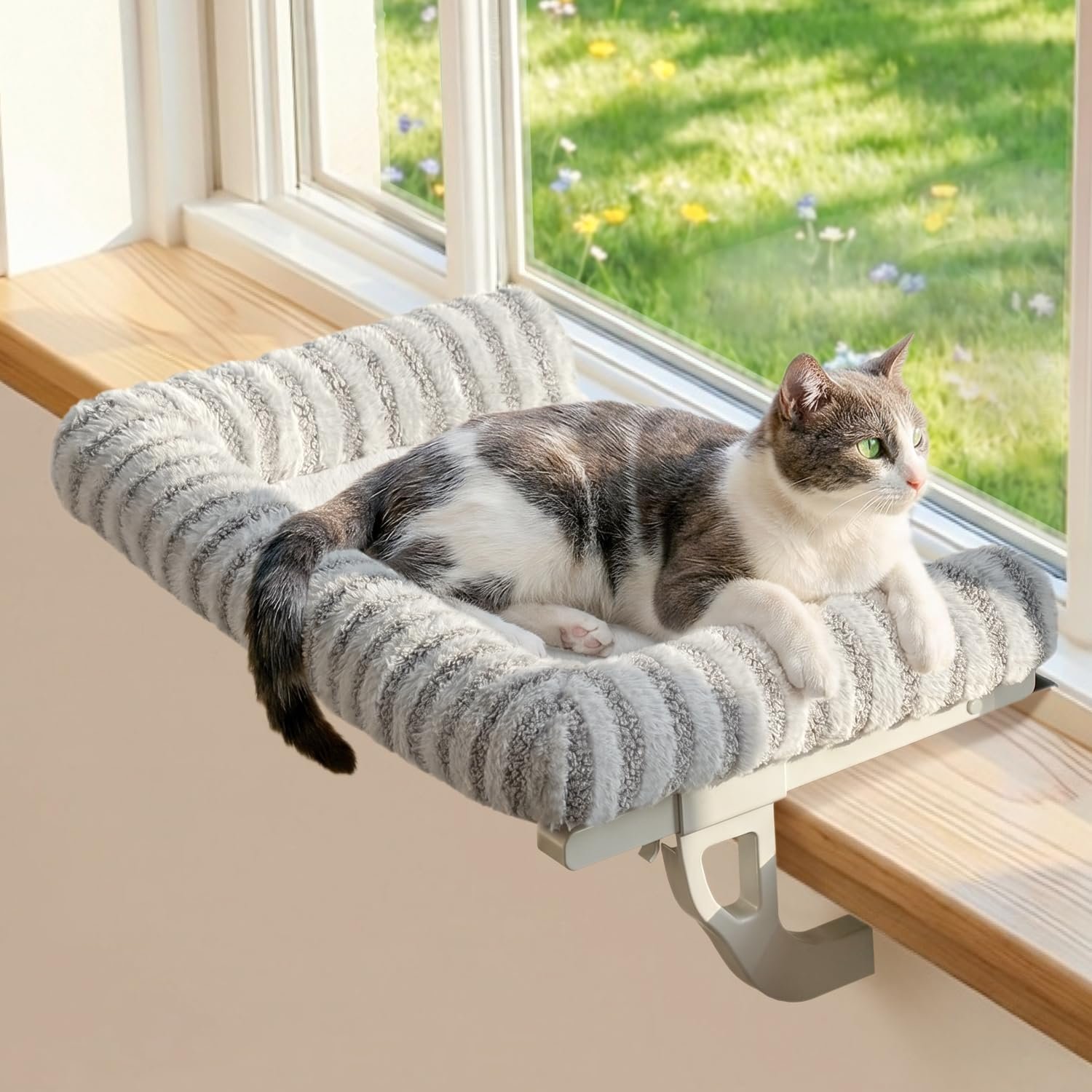 Zakkart Mellow 3-Sided Cat Perch for Windowsill, Dual-Mount (Gray, L)