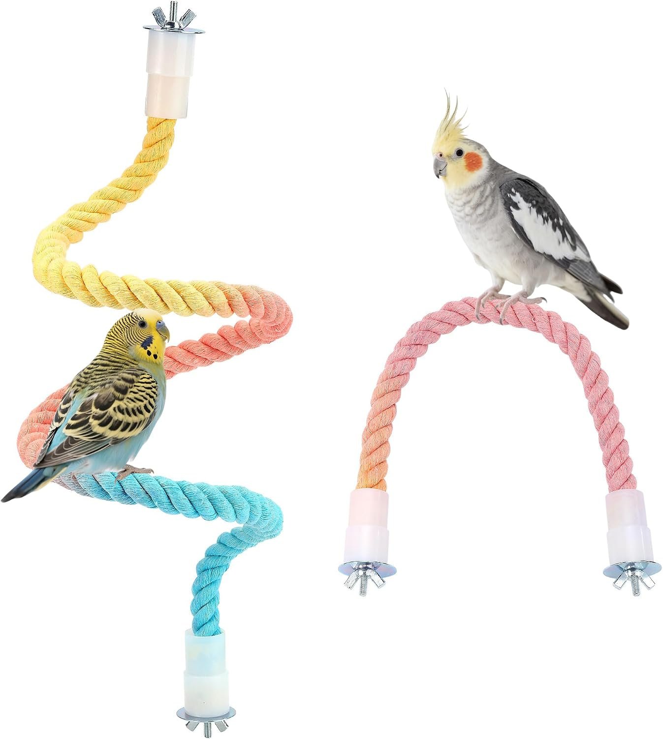 2pcs Gradient Bendable Bird Rope Perch Stands Flexible Bird Cage Climbing Rope Toys Accessories of 26mm Screw for Cockatiels Lovebird Parakeet Budgies Sugar Gliders Hemp Swing (14″+31.5″)