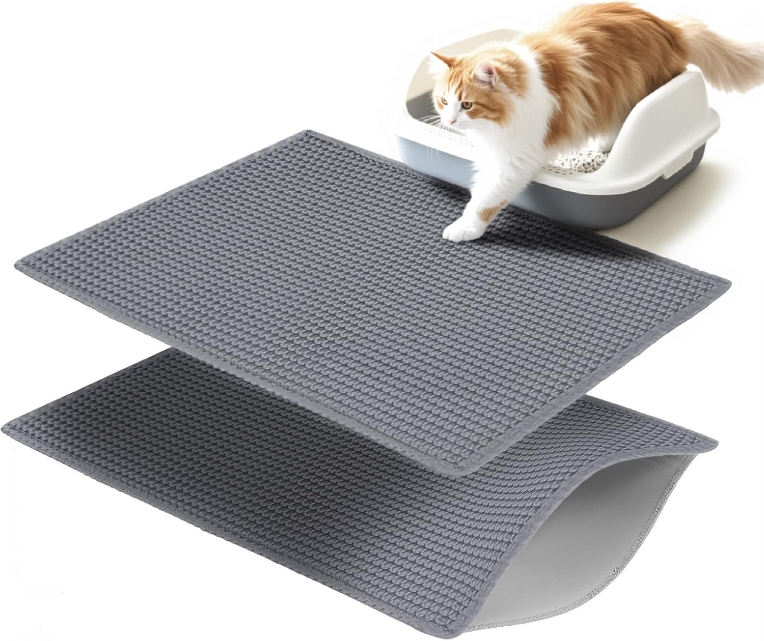 Cat Litter Mat 2 Pack, EVA Honeycomb Double Layer 26.6″ x 16″, Urine Proof & Waterproof, Machine Washable Litter Trapping Mat for Multi-Cat, Soft on Paws Scratch Resistant, Grey (Pack of 2)