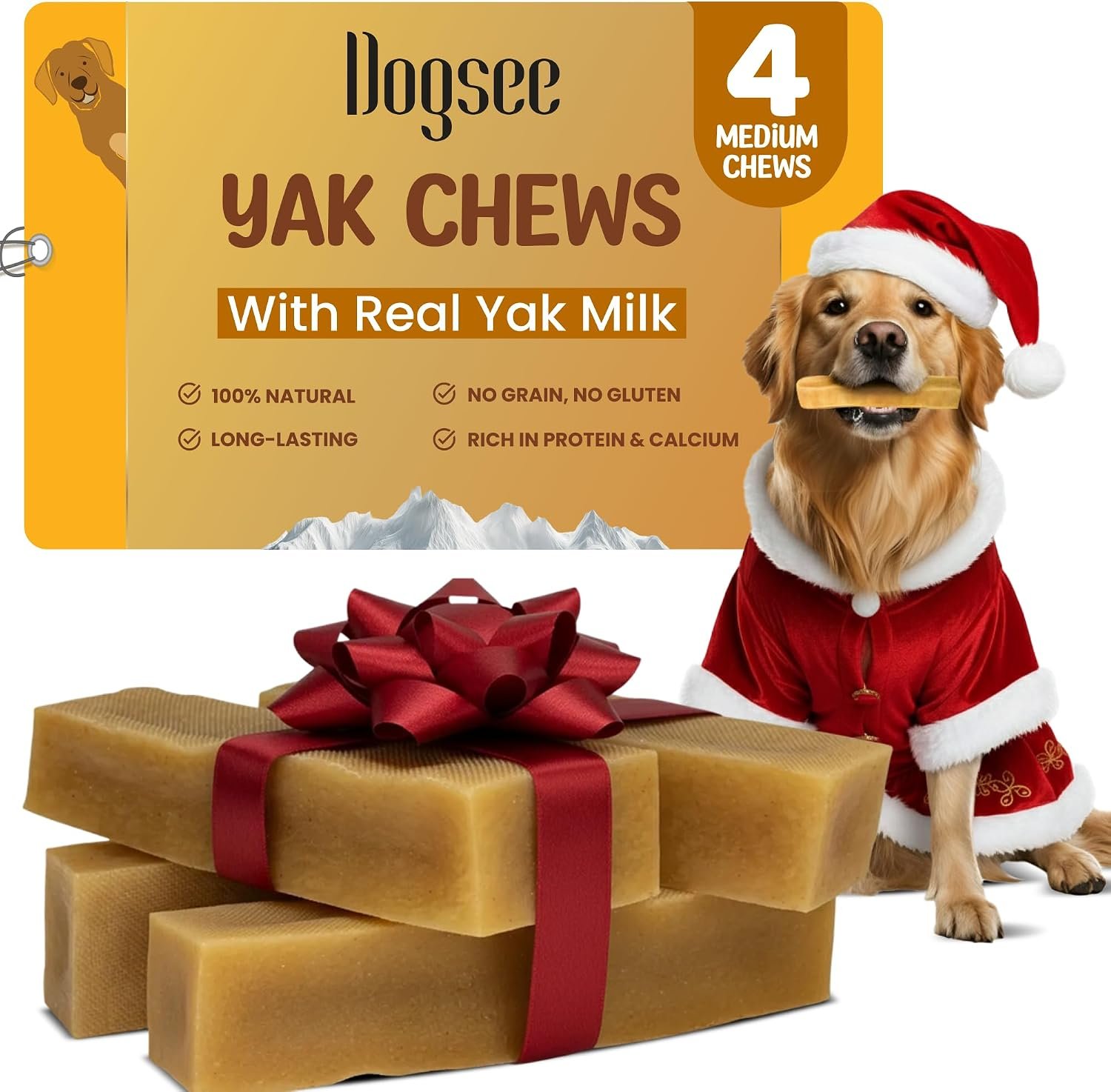 Dogsee Himalayan Yak Chews for Dogs (Medium – 4 Bars) .100% Natural, 60% Protein, Dog Treats for Medium Breed Dog Chews Long Lasting for Aggressive Chewers