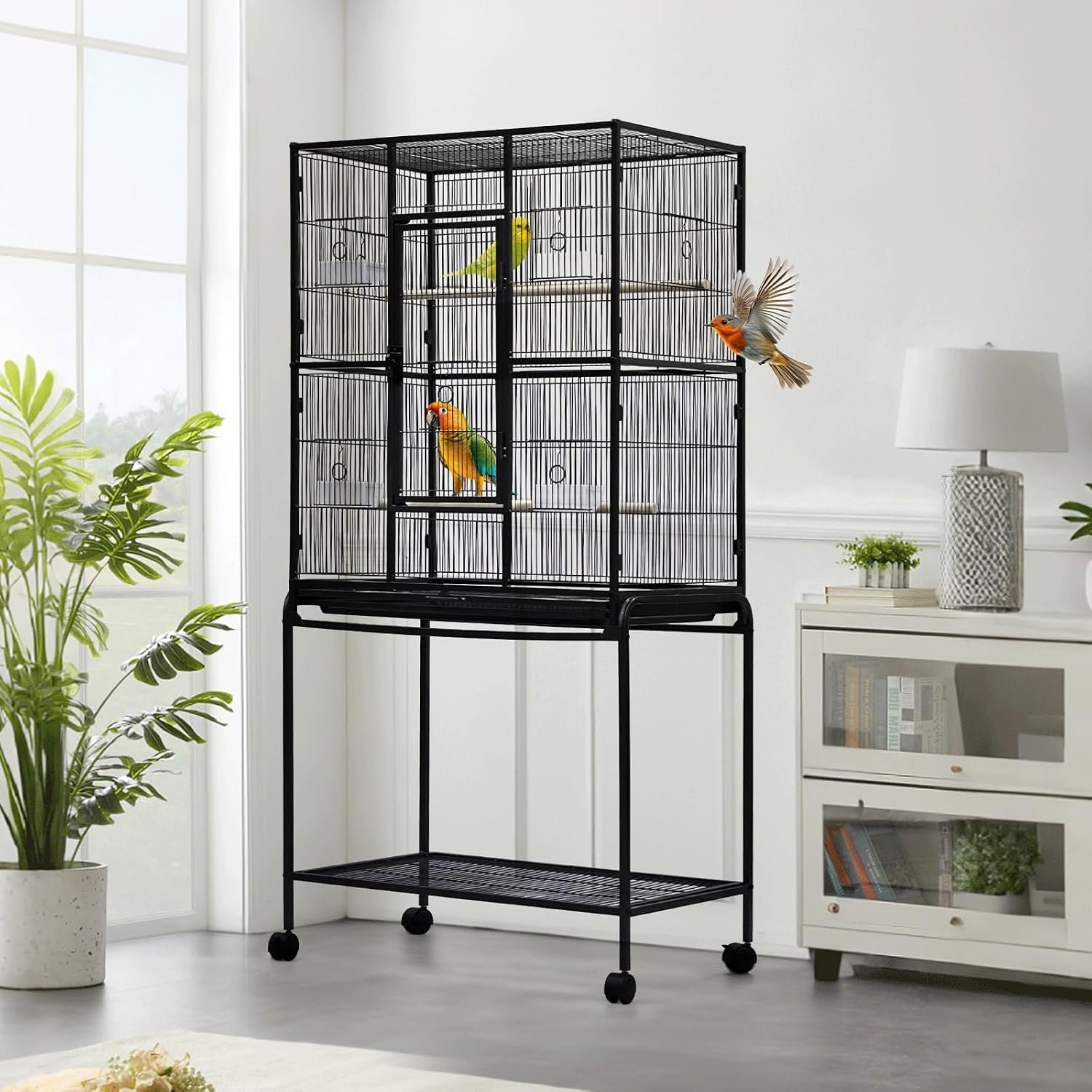 62″ Large Bird Cage, Parrot Bird Cage with Rolling Stand & Storage Shelf, Heavy Duty Wrought Iron Flight Cage, Secure Lock, Ideal for Parakeets, Parrots, Cockatiels, Conures, Lovebirds