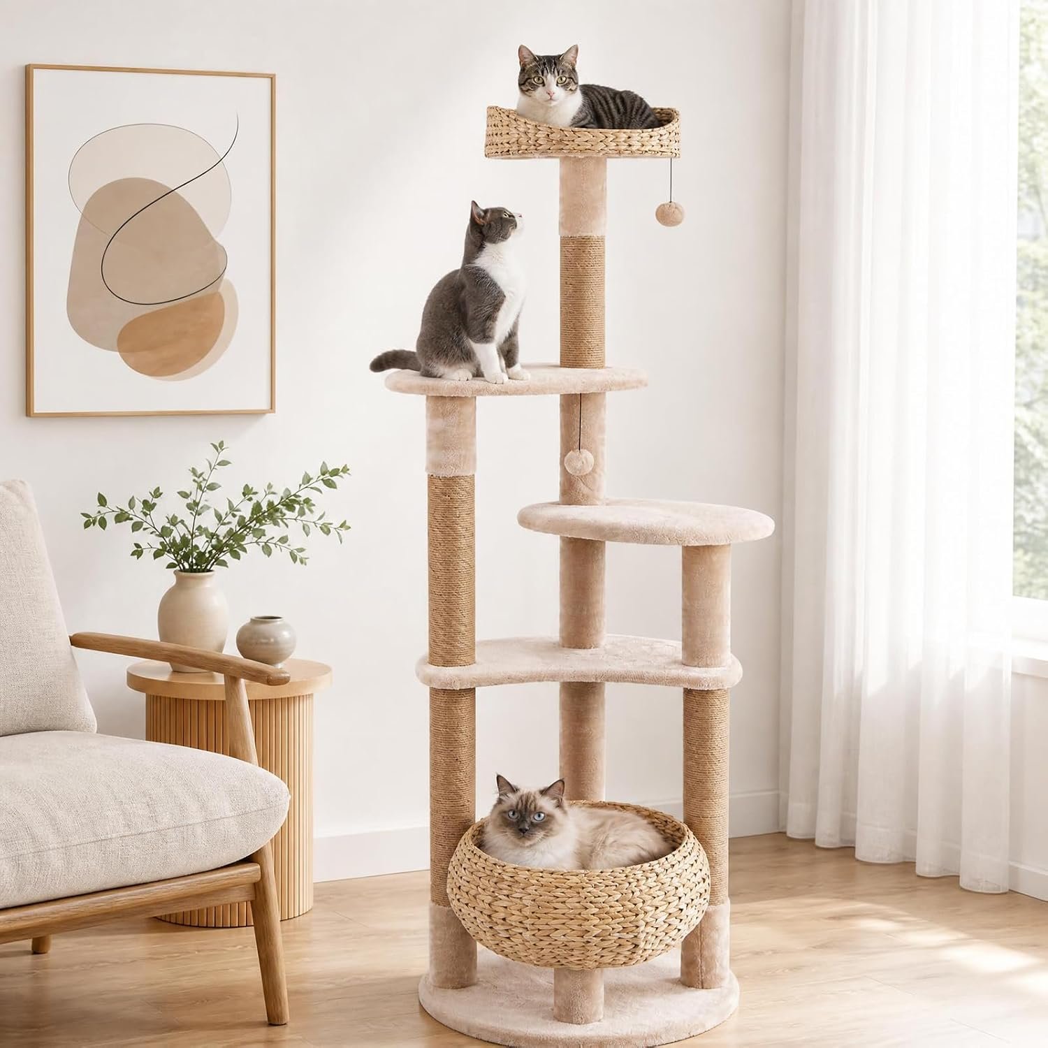 PETSITE 65-inch Cattail Cat Tree Tower, Multi-Level Cat Tower with Natural Jute Scratching Posts, Cat Bed, Top Perch, Dangling Balls and Jumping Platforms, Modern Tall Cat Tree for Indoor Cats
