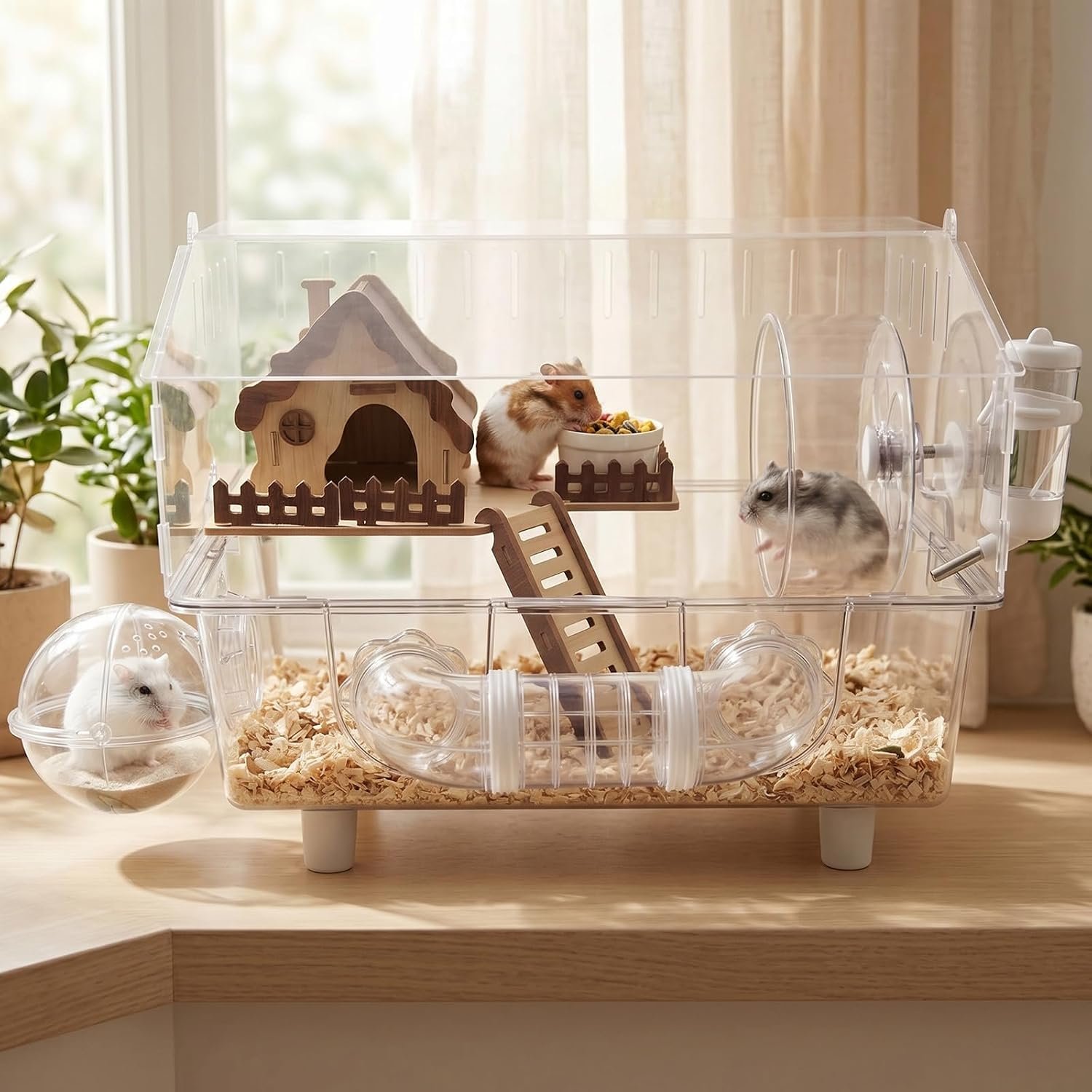 Loungewave Acrylic Hamster Cage, 8 in 1 Gerbil Cage with Accessories