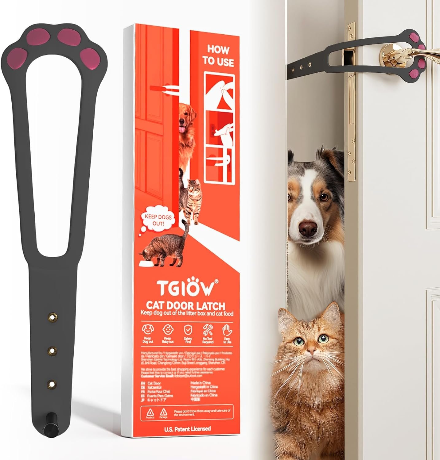 TGIOW Cat Door Latch, 1 Pcs Cat Door Stopper Pet Door Latch to Keep Dog Out of Litter Box and Food, Door Prop for Cat with 4 Adjustable Size Strap 2.2-5″ Wide, No Measuring, Easy to Install, Grey