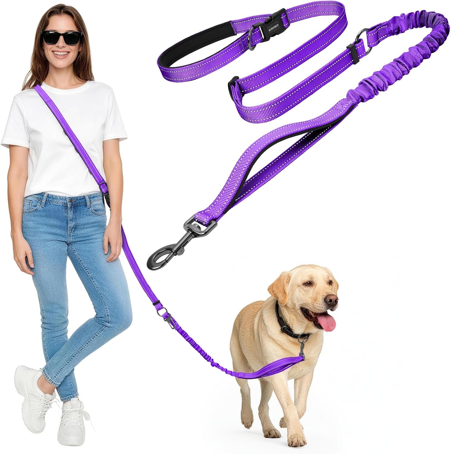 Hands Free Dog Leash by Kazazoo, Adjustable 5.8-8.5FT Heavy Duty Bungee Waist Leash, Reflective Stitches & Quick Off Bucklefor Walking, Jogging,Medium to Large Dogs Up to 150 lbs Purple