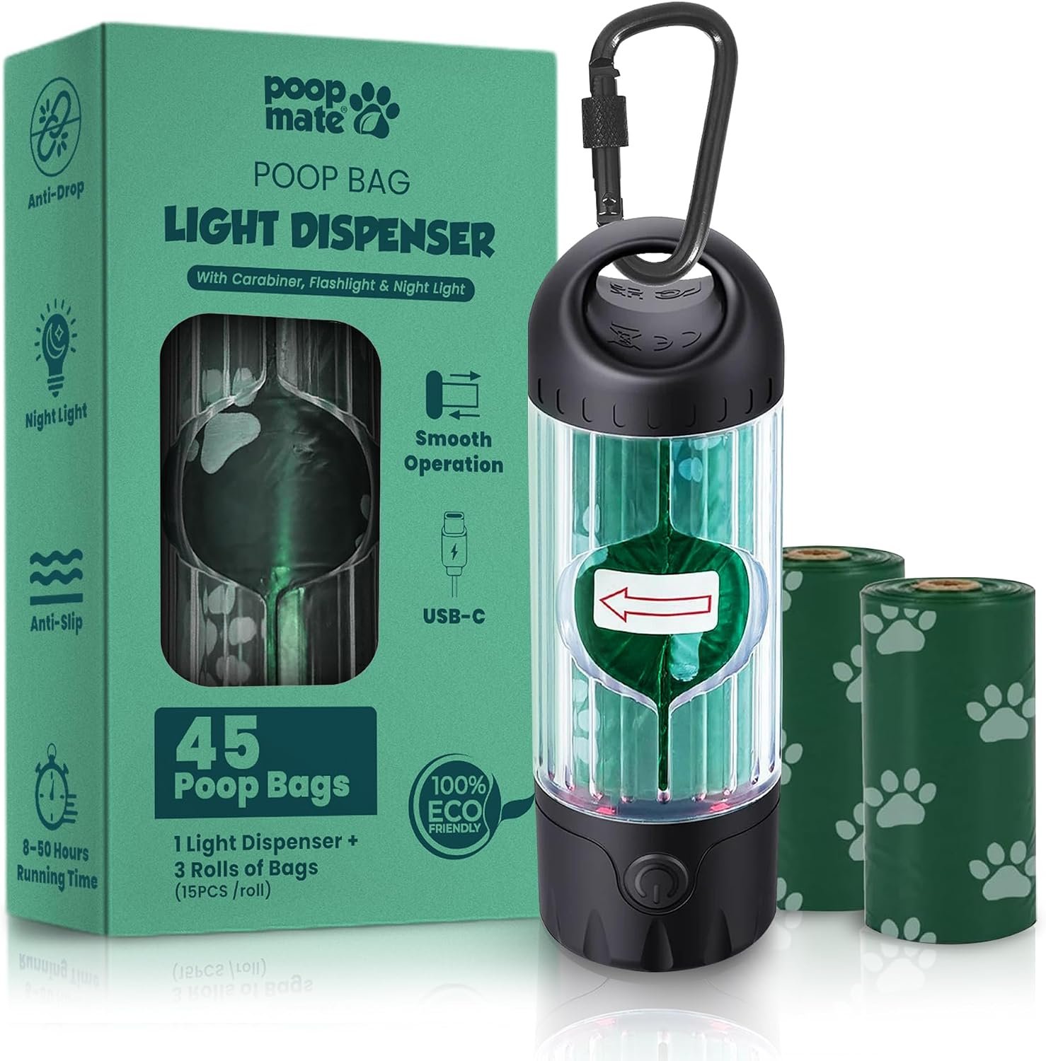 Dog Poop Bag Dispenser with LED Flashlight for Leash