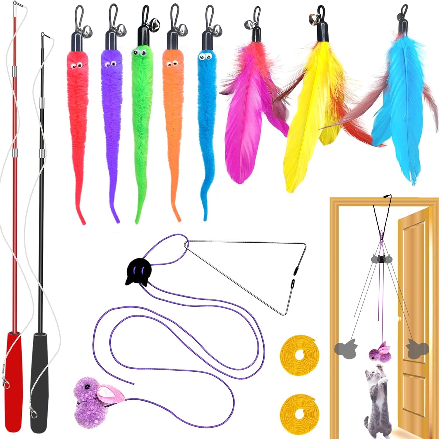 ZPH Cat Toys Interactive for Indoor Cats,2PCS Retractable Cat Wand,9PCS Teaser Toys&1PCS Hanging Door Lure Kitten Toy,Interactive Feather Toy for Teaser Play and Chase Exercise with Kitten