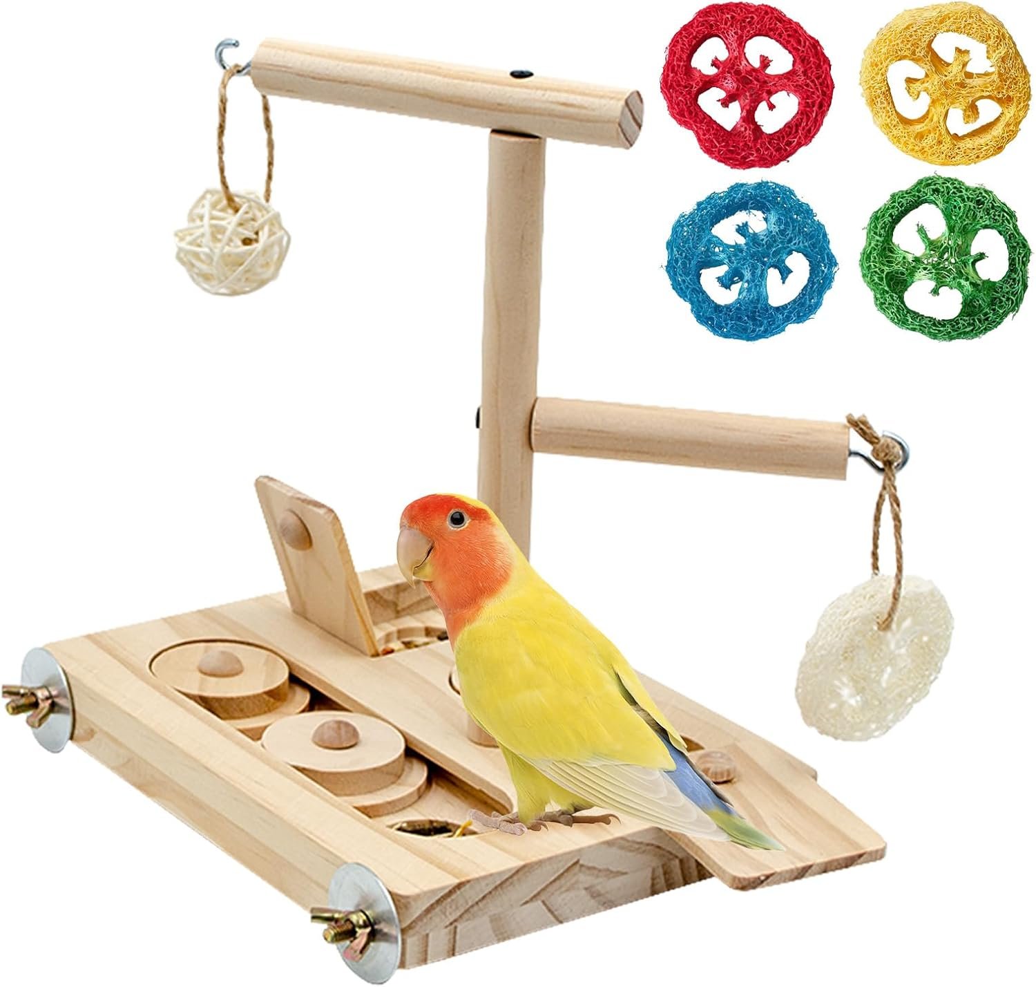 Interactive Wooden Bird Foraging Toy – Cage-Mounted Puzzle Feeder with Sliding Locks, Loofah & Vine Ball for Budgies, Cockatiels, Conures & Small Parrots