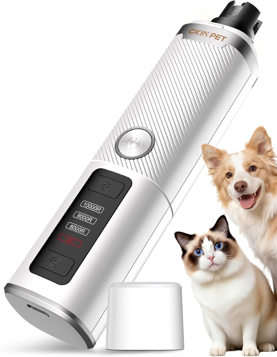Dog Nail Grinder, Electric Dog Nail Trimmer Quiet with 2 LED Lights, 3-Speed Pet Nail Grinder for Dogs & Cats, Rechargeable 2000mAh Nail Grinder for Small Medium Large Dogs with Light, White
