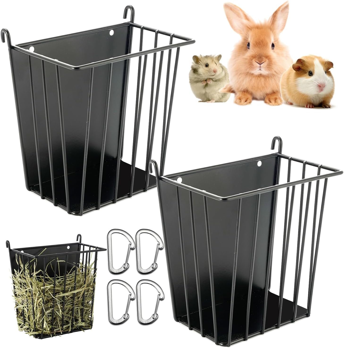 LUAVIARU Upgrades 2pcs Hay Feeder Rabbit – Guinea Pig – Metal Frame Hay Rack with Adjustable Hook – Less Wasted – for Guinea Pig, Bunny, Chinchilla Cage Accessories – Bunny Feeder