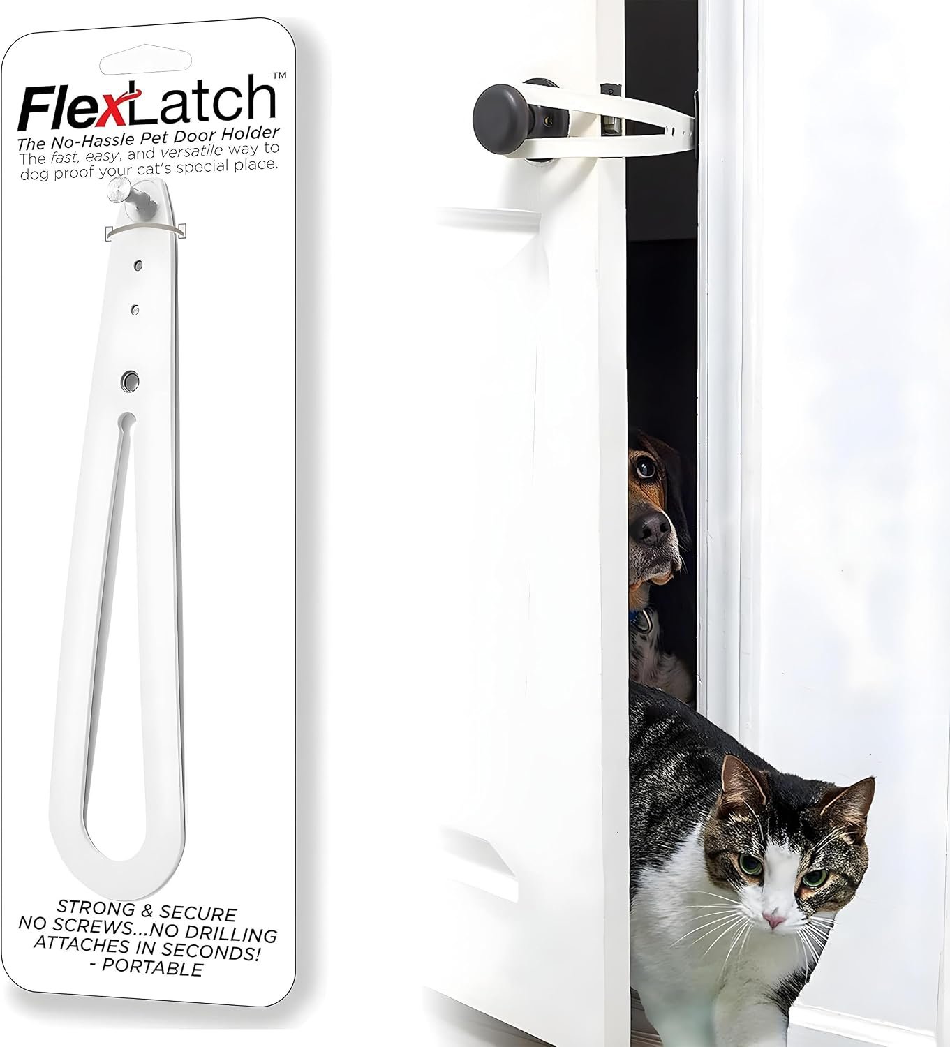 FlexLatch Cat Door Holder Latch – Bright White Cat Door Alternative Installs Fast Flex Latch Strap Let’s Cats in and Keeps Dogs Out of Litter & Food. Safe Baby Proof One Piece No Measuring Extra Easy