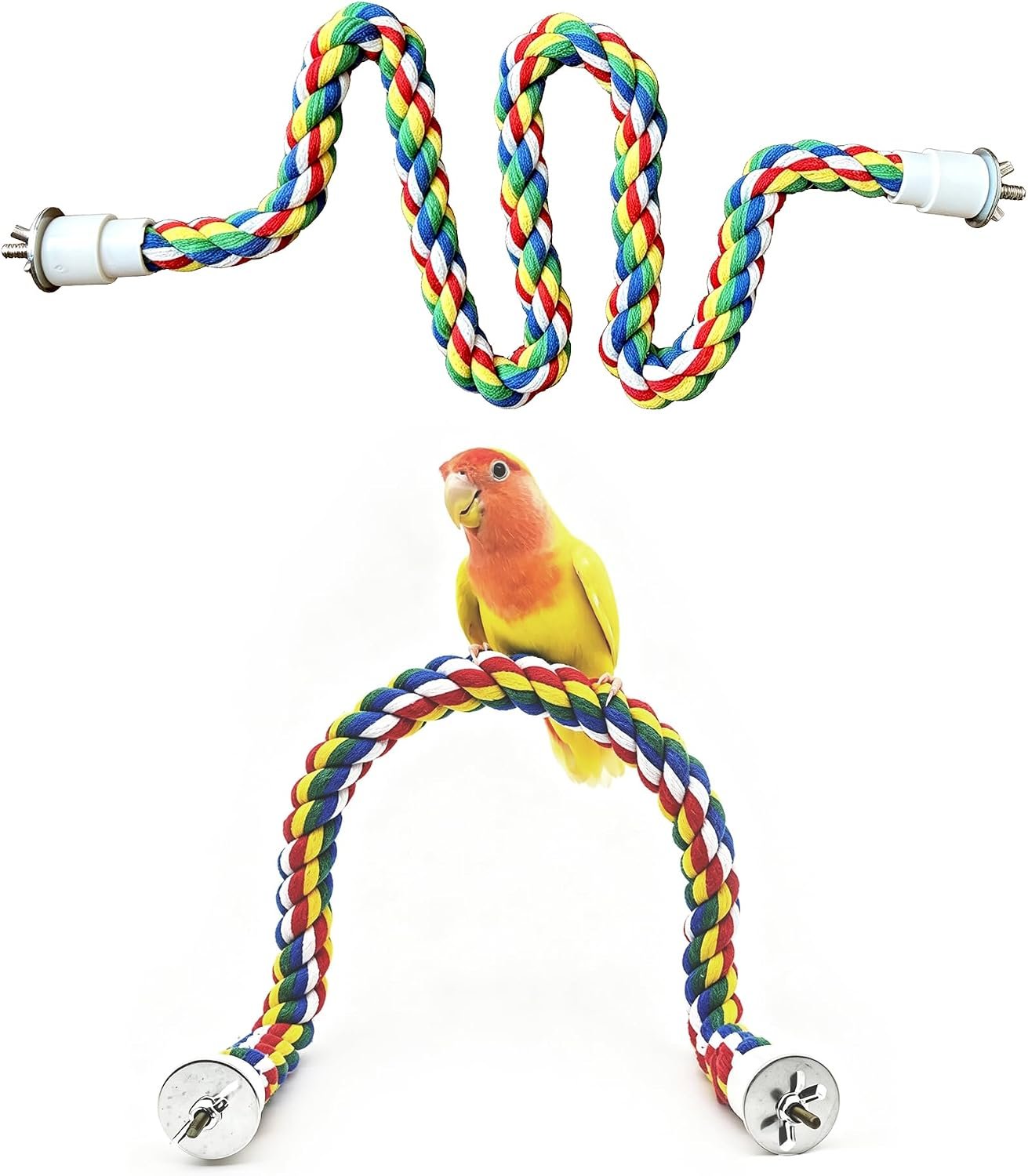 Bird Rope Perch, 2 Pack 31.5″ and 15.8″ Thick Cotton Climbing Rope with Steel Core for Parakeets Cockatiels Conures Lovebirds, Bendable Cage Accessories, Multicolor