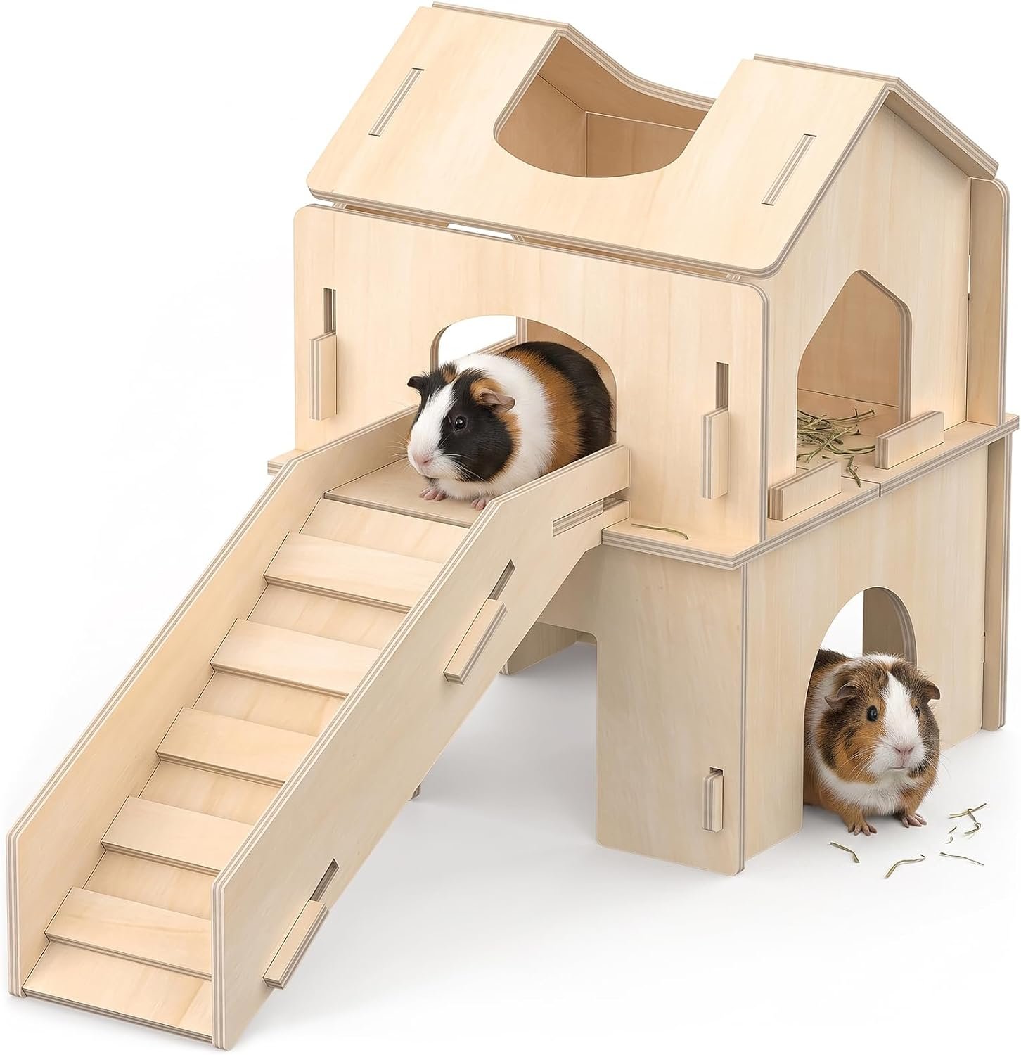 XiaZ Guinea Pig Hideout, Large Wooden Guinea Pig Castle with Stair, Detachable Double-Decker Small Animal House, Habitat Hideout for Dwarf Rabbit, Hamster, Chinchilla