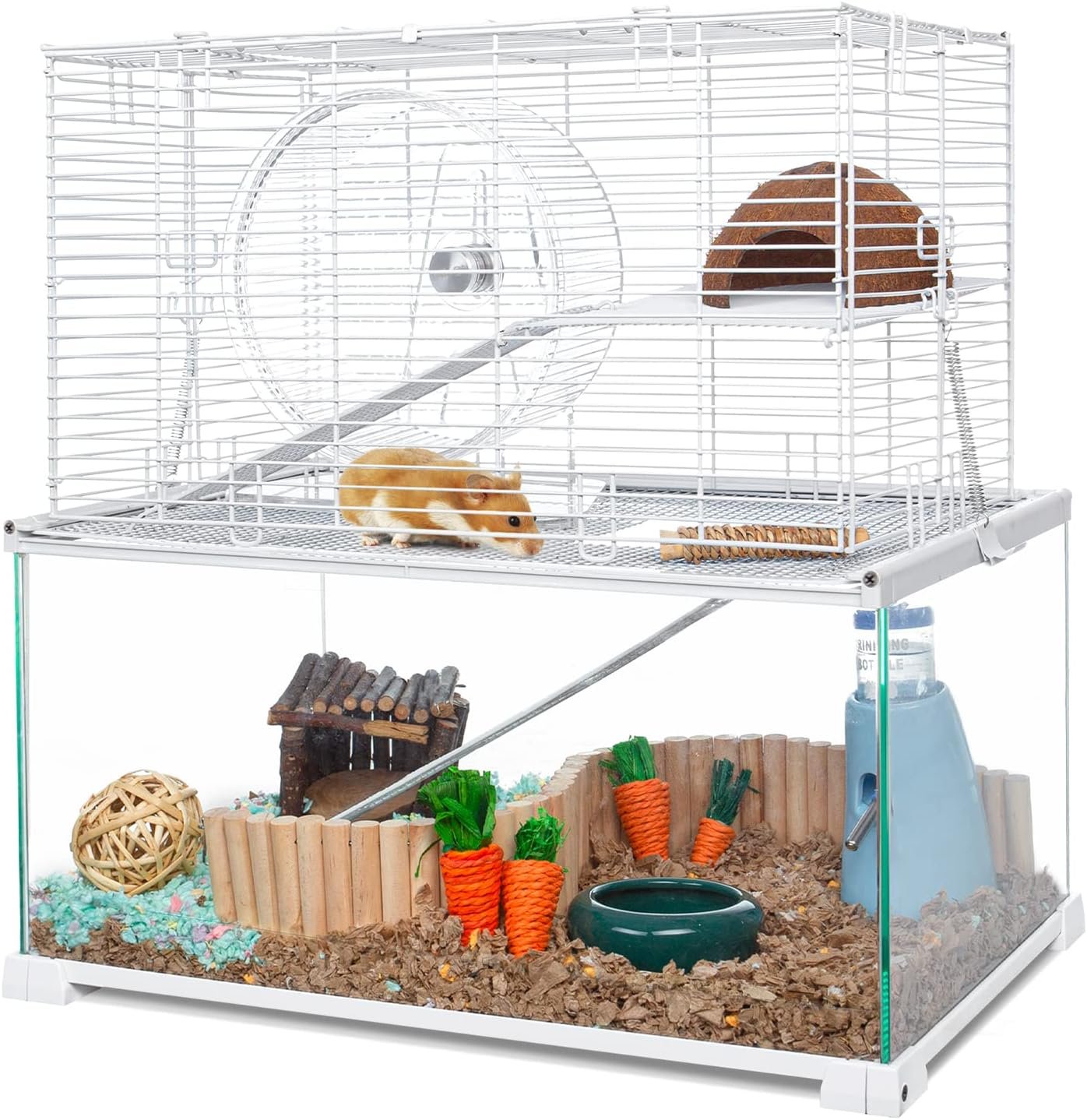 3 Tiers Large Hamster Cages Glass, Heightened Wire Topper with Two Shelf and Two Ladders Ramps, Openable Top, Easy to Clean Removeable Waterproof PVC Tray Medium