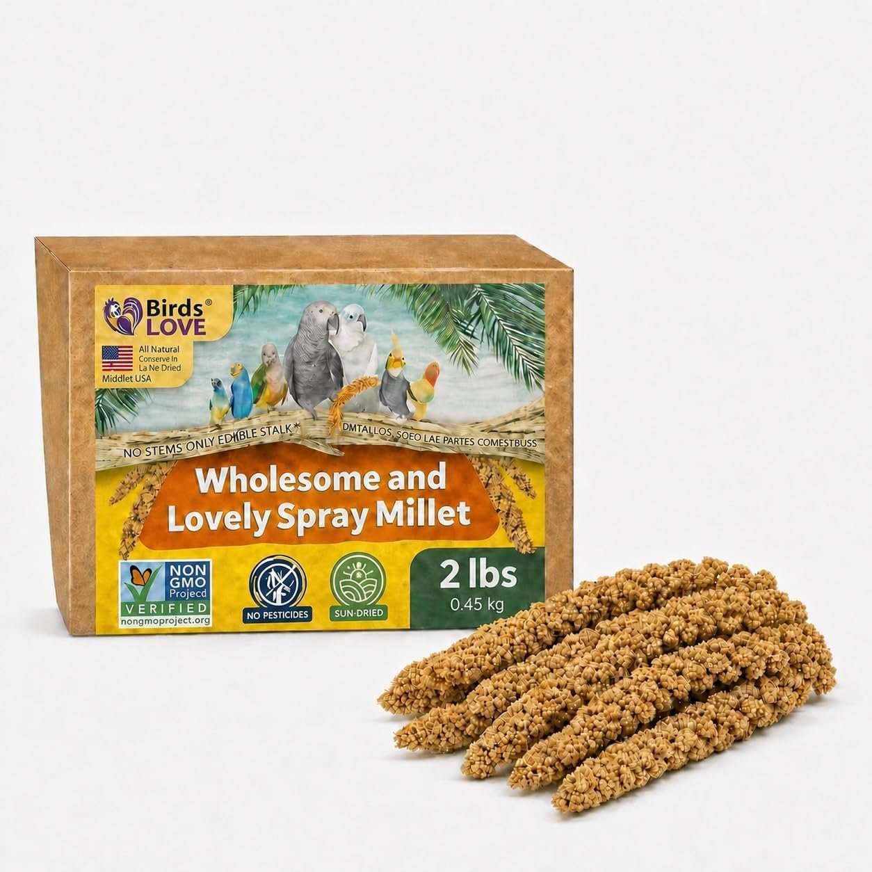 Birds LOVE 2 LB Wholesome Spray Millet for Birds – USA Grown, Non-GMO,Natural Sun-Dried Millet Sprays – Thick Seed-Rich Clusters for Parakeets, Budgies, Cockatiels, Conures, Finches & Parrots