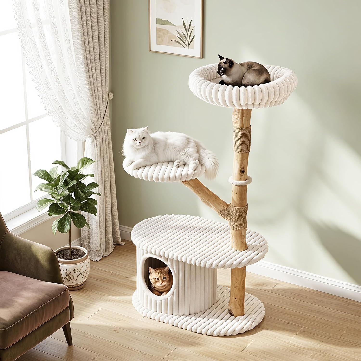 PETSITE 41-inch Wood Cat Tree, Multi-Level Modern Wooden Cat Tower (Beige)
