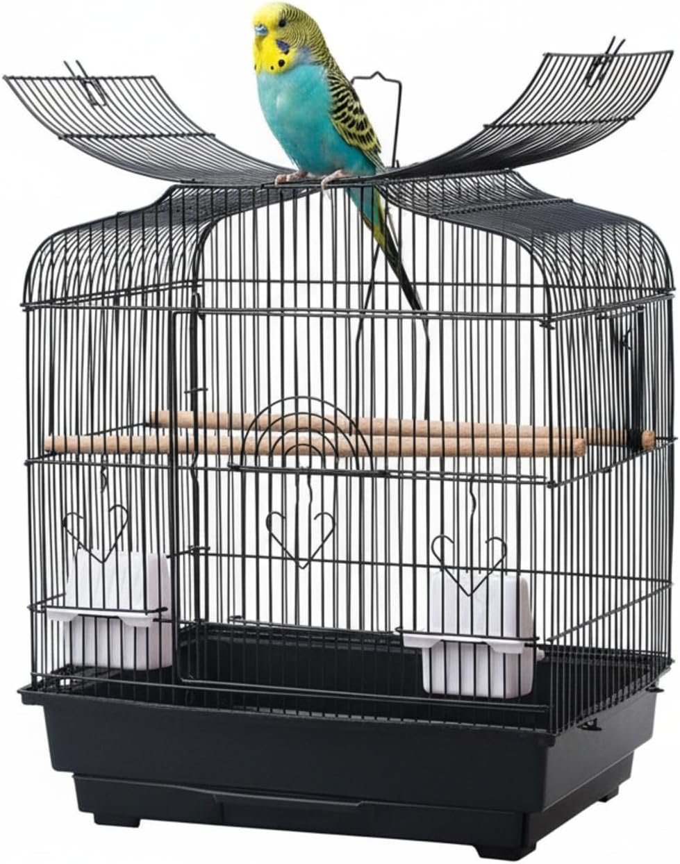19-Inch Open Top Bird Cage for Parakeets & Cockatiels, Portable Metal Travel Cage with Slide-Out Tray, Starter Kit with 2 Feeding Cups & Wooden Perches, Ideal for Budgies, Finches, Lovebirds, Canary
