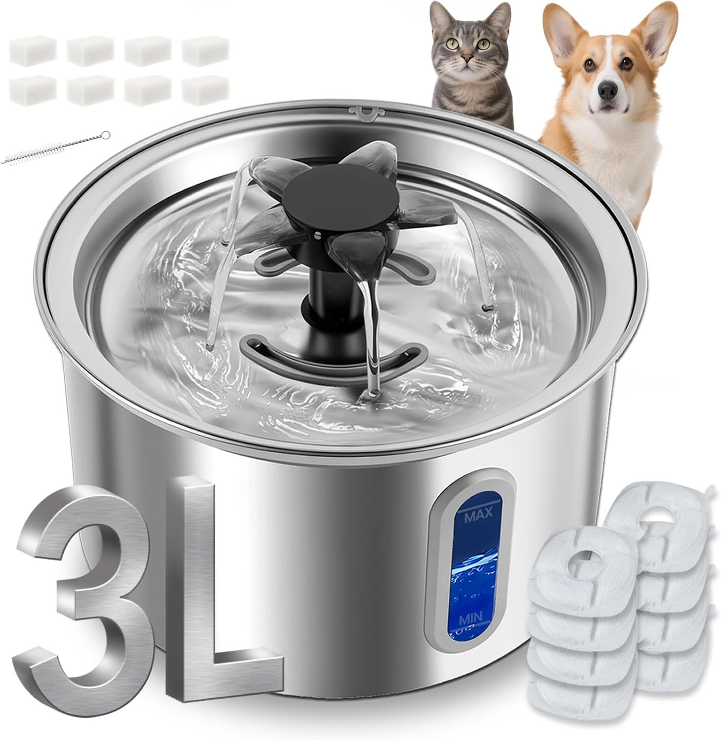 3L/101oz Stainless Steel Cat Water Fountain for Indoor Use – Ultra Quiet Automatic Cat Fountain for Drinking, Pet Water Foutain for Cat with LED Window, Easy to Clean (8 Filters & 8 Sponges)