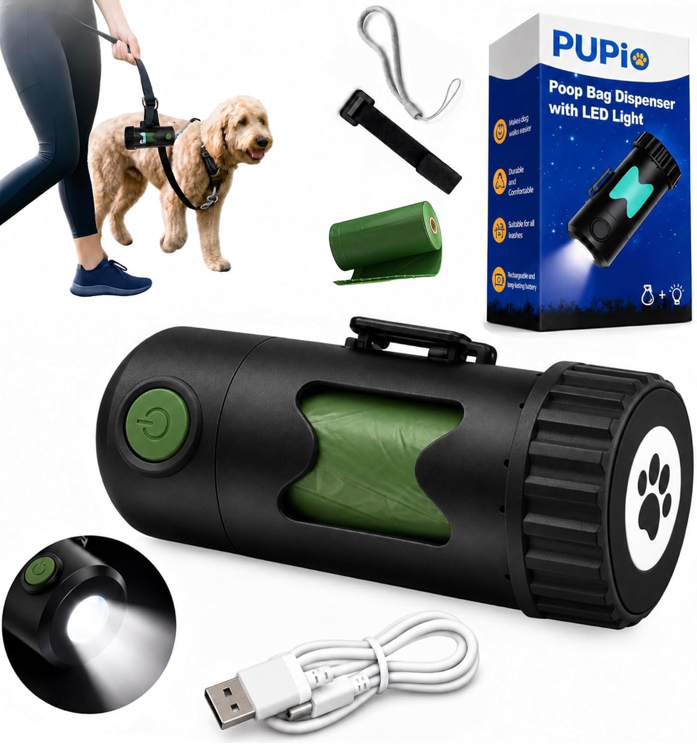 Smart 2-in-1 Poop Bag Holder Flashlight, USB-C Rechargeable, Includes 15 Compostable Poop Bags, Charging Cable, and Secure Attachments