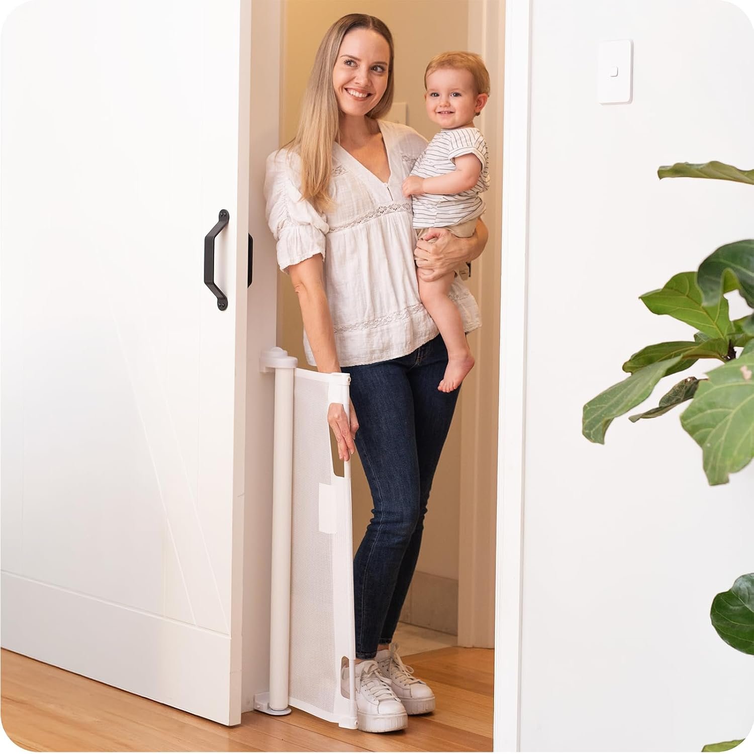 Retractable Baby Gate Perma Child Safety 33″ Tall x 55” Wide, Mesh, for Stairs, Doorways, Dogs, Pets, Indoor, Outdoor, One-Handed Operation, Locking, Easy Install, Hardware Mount, White
