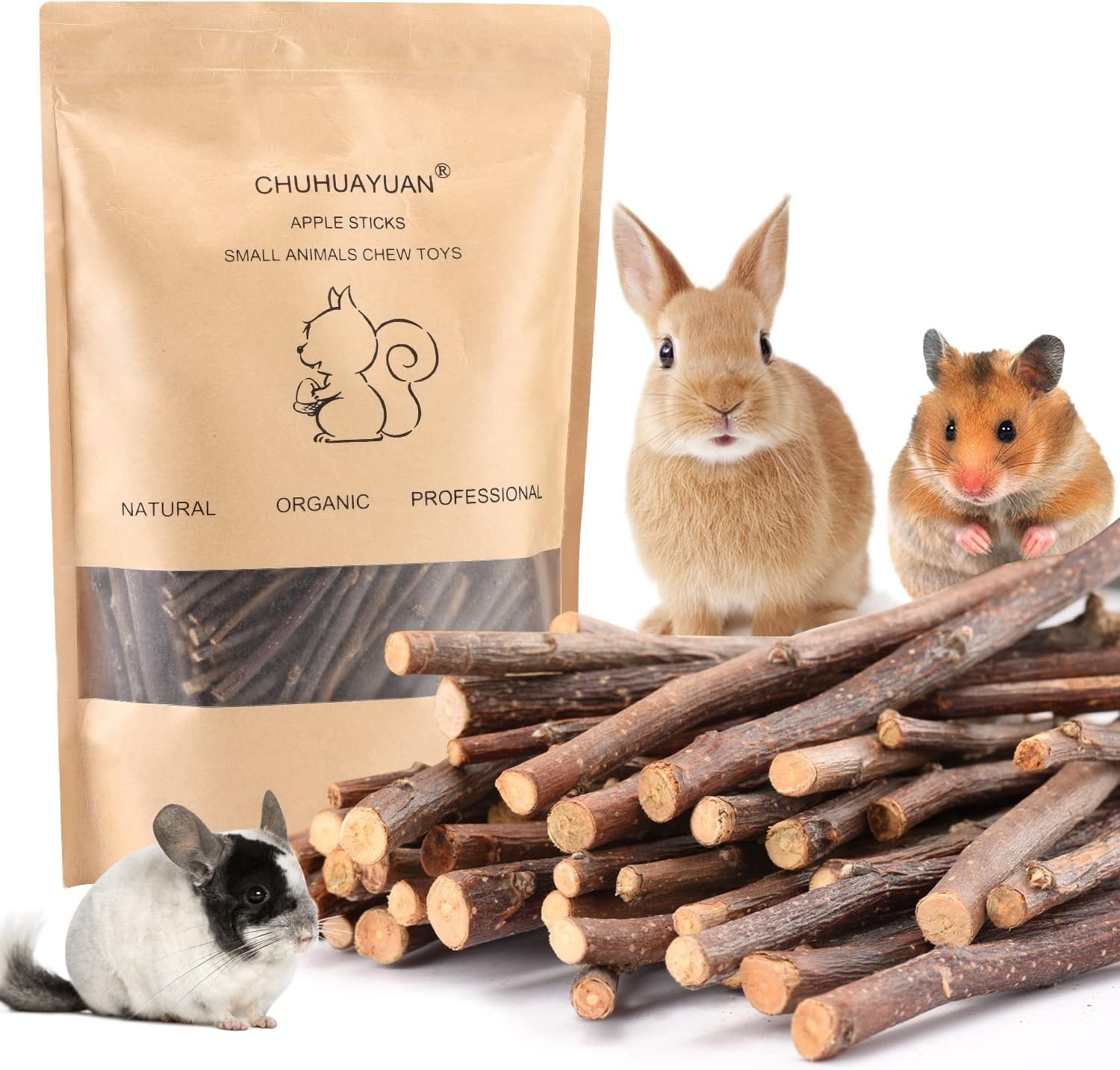 Natural Apple Sticks, 500g Treats Food for Small Animals, Chew Toys for Chinchilla Guinea Pigs Rabbit Squirrel Hamster Bunny