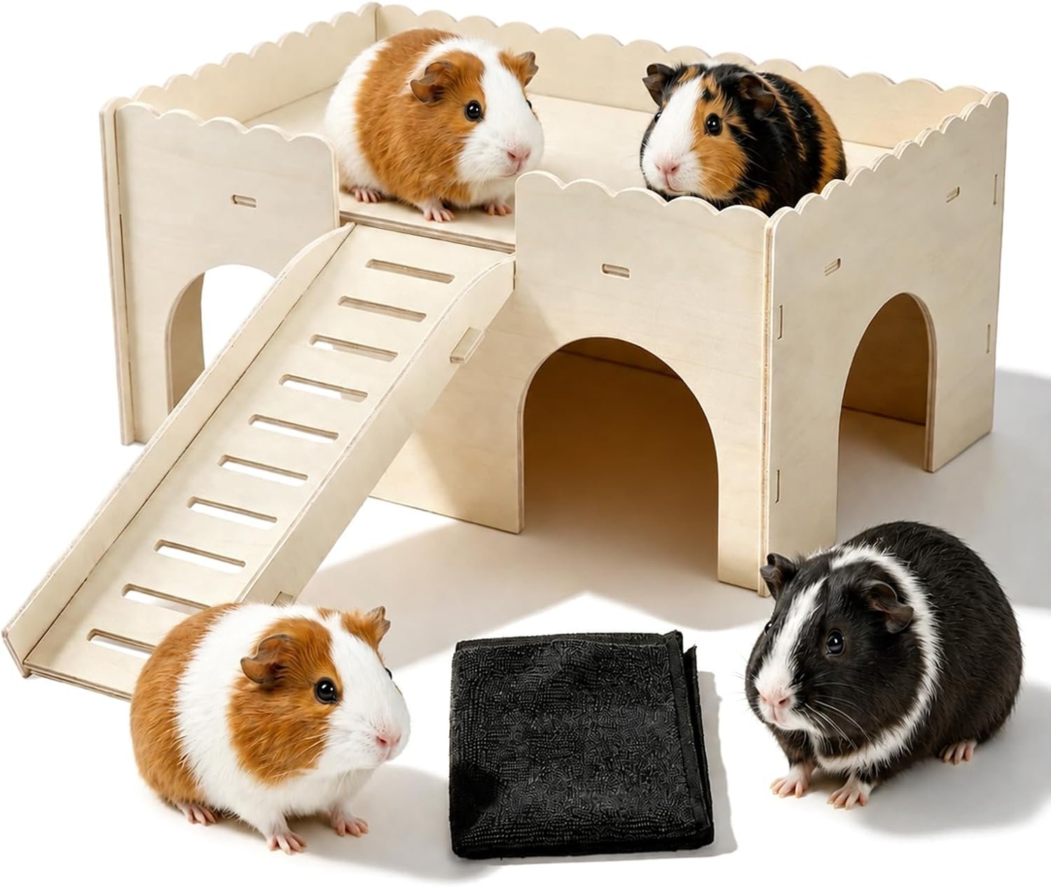Upgraded Sturdy Wooden Guinea Pig Hideout with Stairs, Guinea Pig Castle with 4 Cave Entrances, Easy to Assembly, Small Animal Toy for Play & Habitat, with Cleaning Cloth, for Hamster, Rabbit