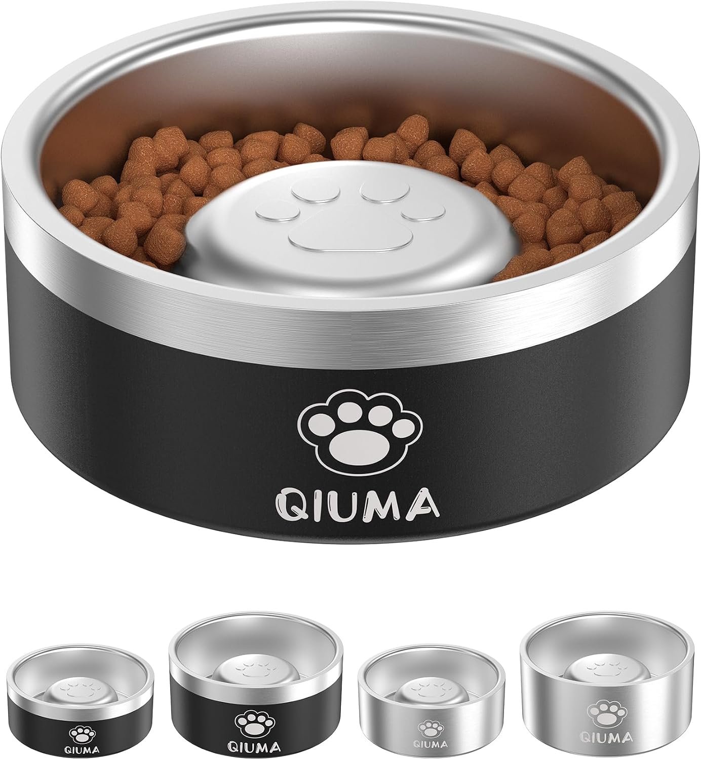 Qiuma Slow Feeder Dog Bowl Stainless Steel, Food-Grade 304 Metal Dog Slow Feeder Bowl 2 Cups Capacity, Heavy Duty Double-Layer with Non-Slip Base, Pet Puzzle Bowls for Small & Medium Dogs (Black)