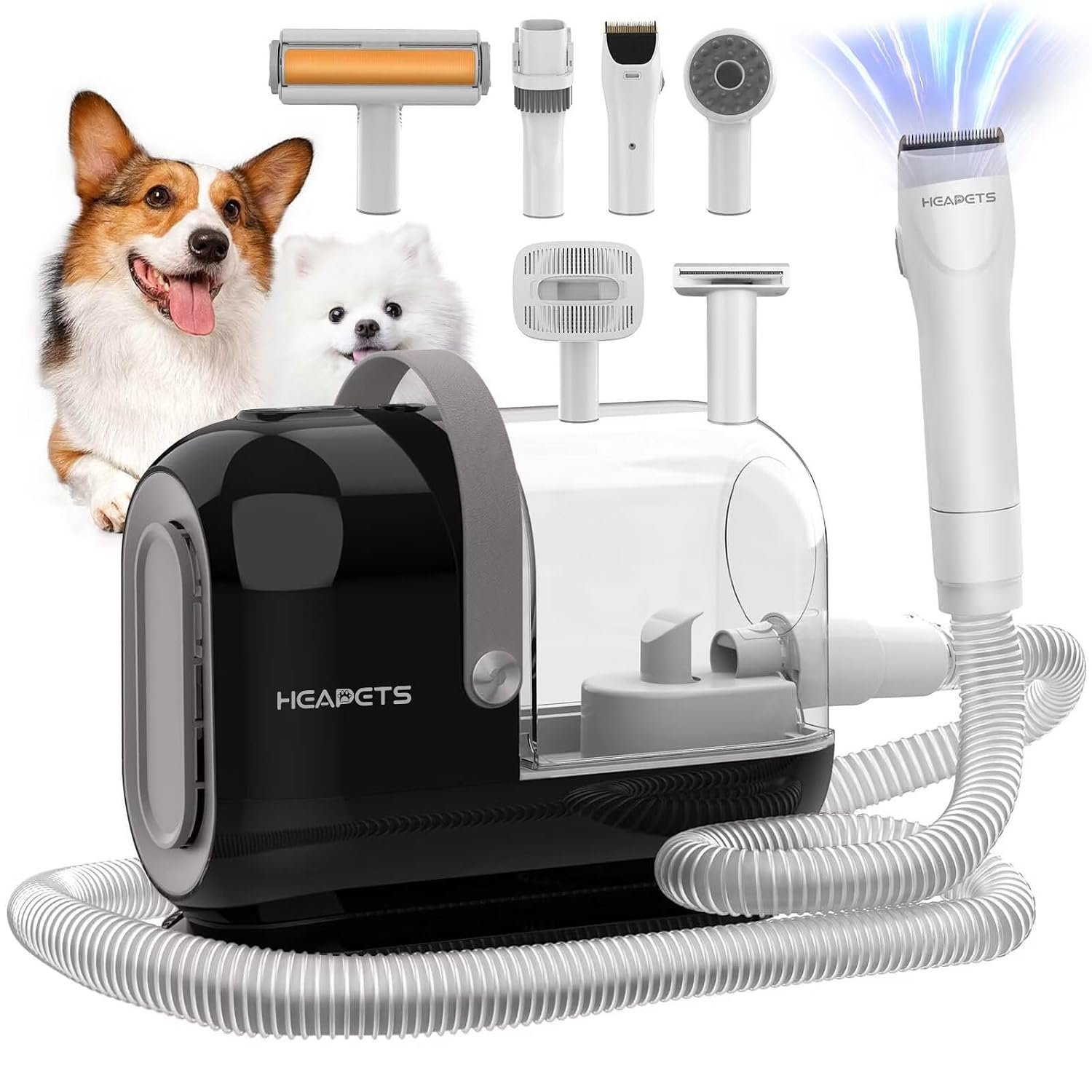 HEAPETS Dog Grooming Vacuum Kit – 3L Vacuum with 7 Tools, Low Noise Electric Clipper and Brush for Pet Shedding at Home, Black