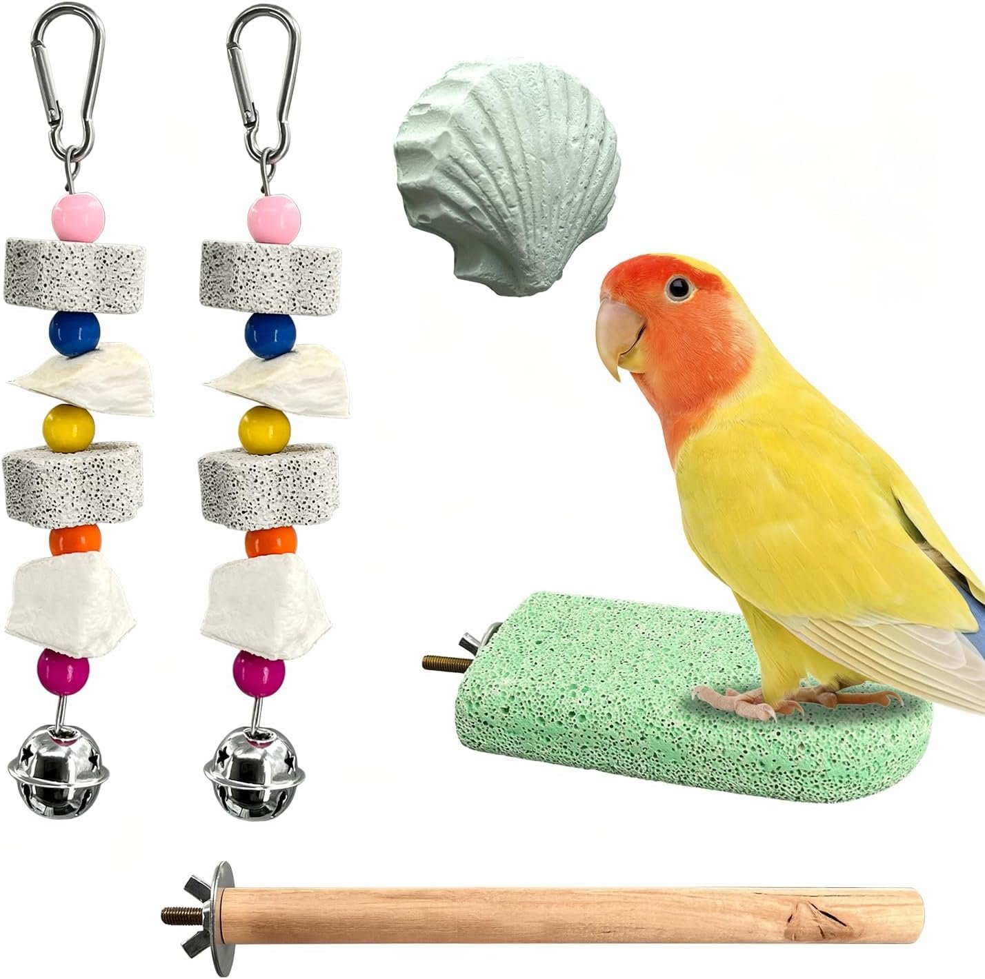 Chewing Birds Toy, 5 Pcs Natural Cuttlebone Set with Lava Block & Perch