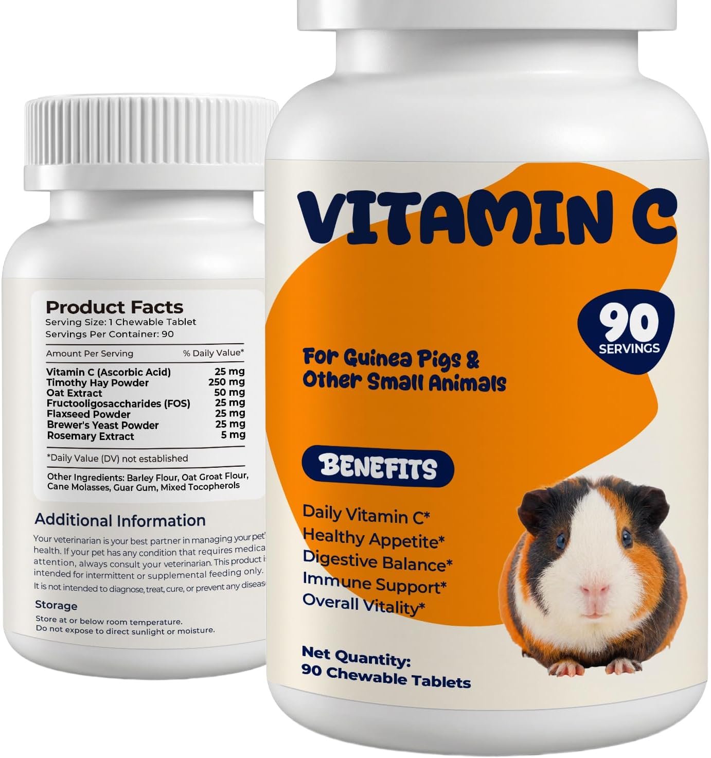 Vitamin C Tablets for Guinea Pigs, Prebiotic Fiber & Flaxseed, 90 Tablets